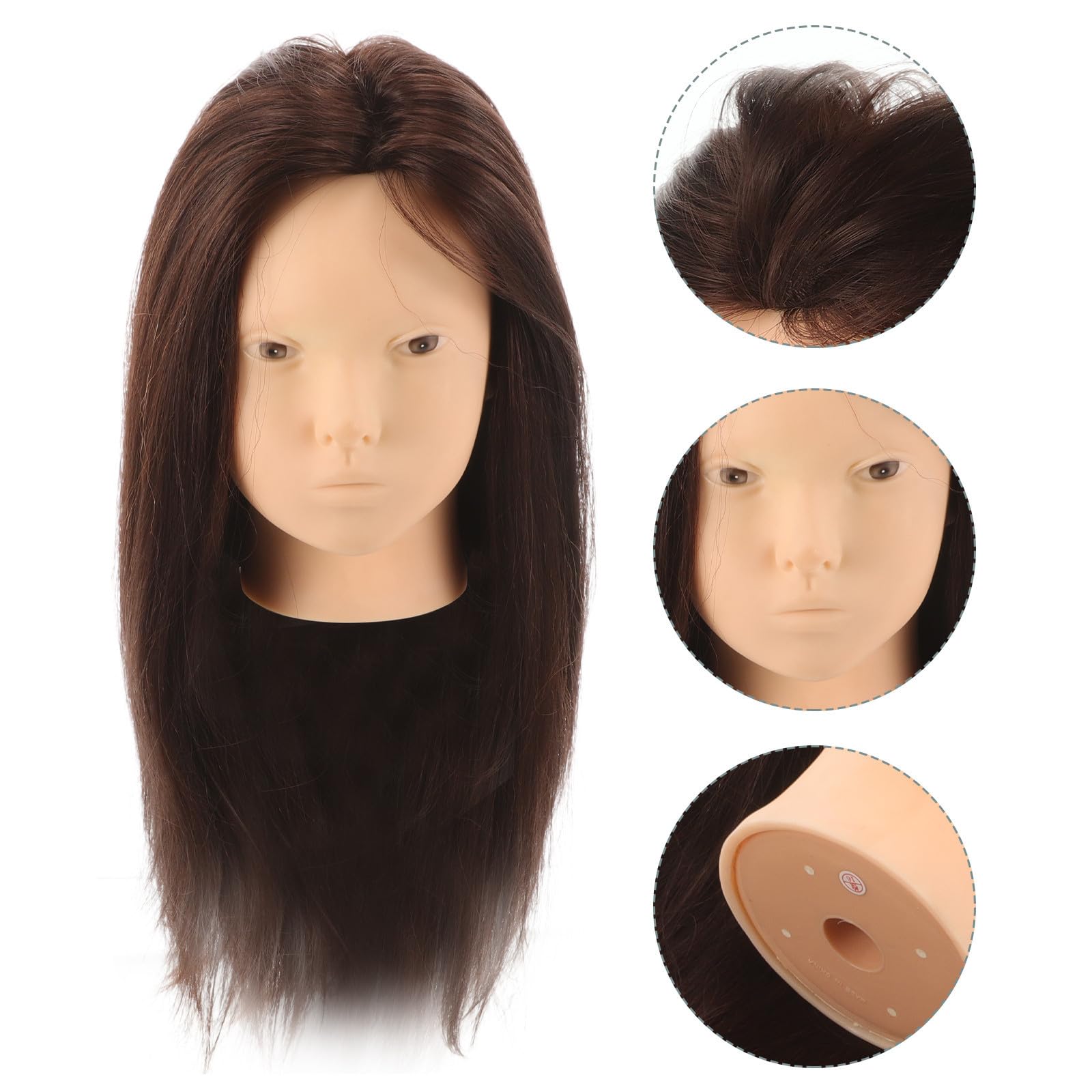 TEHAUX Frisierkopf Echthaar Übungskopf mit Halterung zum Haarstyling und Flechten Glatte Textur für Friseurschule und Salonpraxis