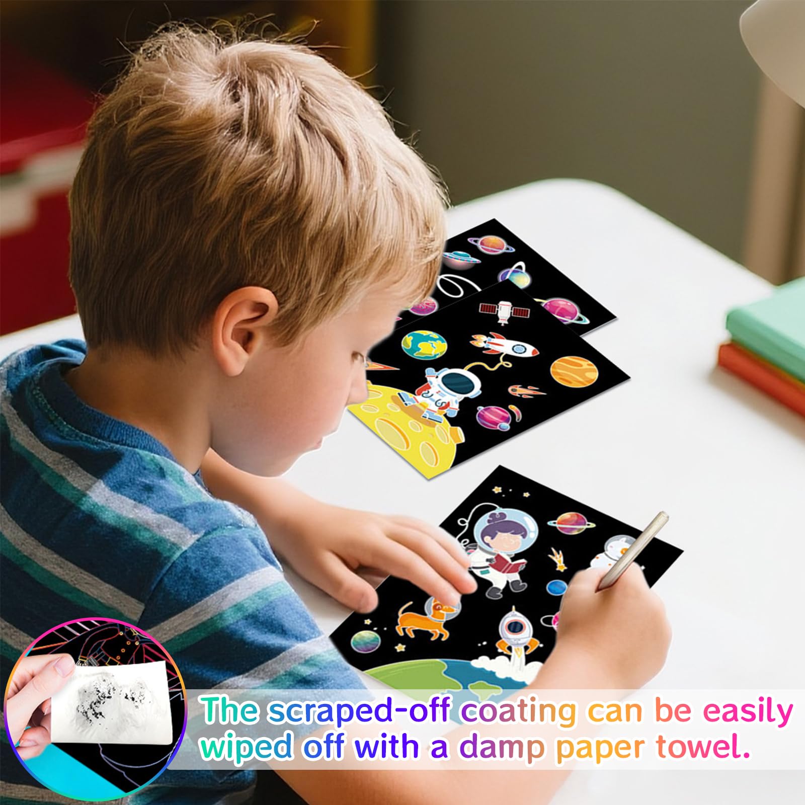 Set 4 Blocs Dibujos Para Rascar Para Niños, Papel Mágico Arcoíris Para Rascar, Libro Para Rascar Con Temas Dinosaurios, Espacio, Océanos y Animales, Con Lápiz Madera, Ideal Para Relajarse y Decorar