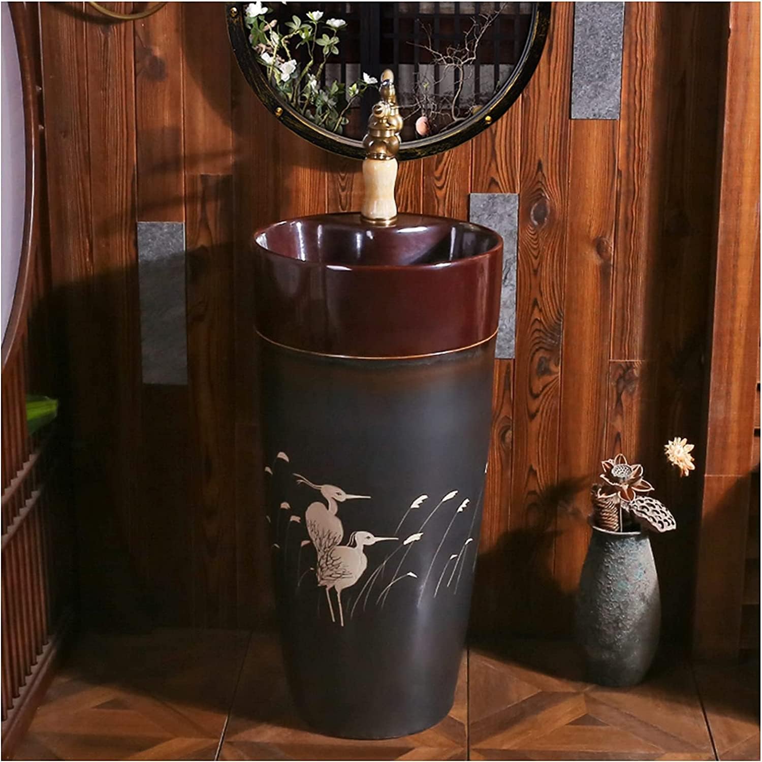 Full Pedestal Art Bathroom Basin Sink Pedestal Bathroom Sink Ceramic Retro Industrial Style Decorative Pedestal Hard and (Color : O Size : with Mirror (Q Without Mirror)) (G Without Mirror)