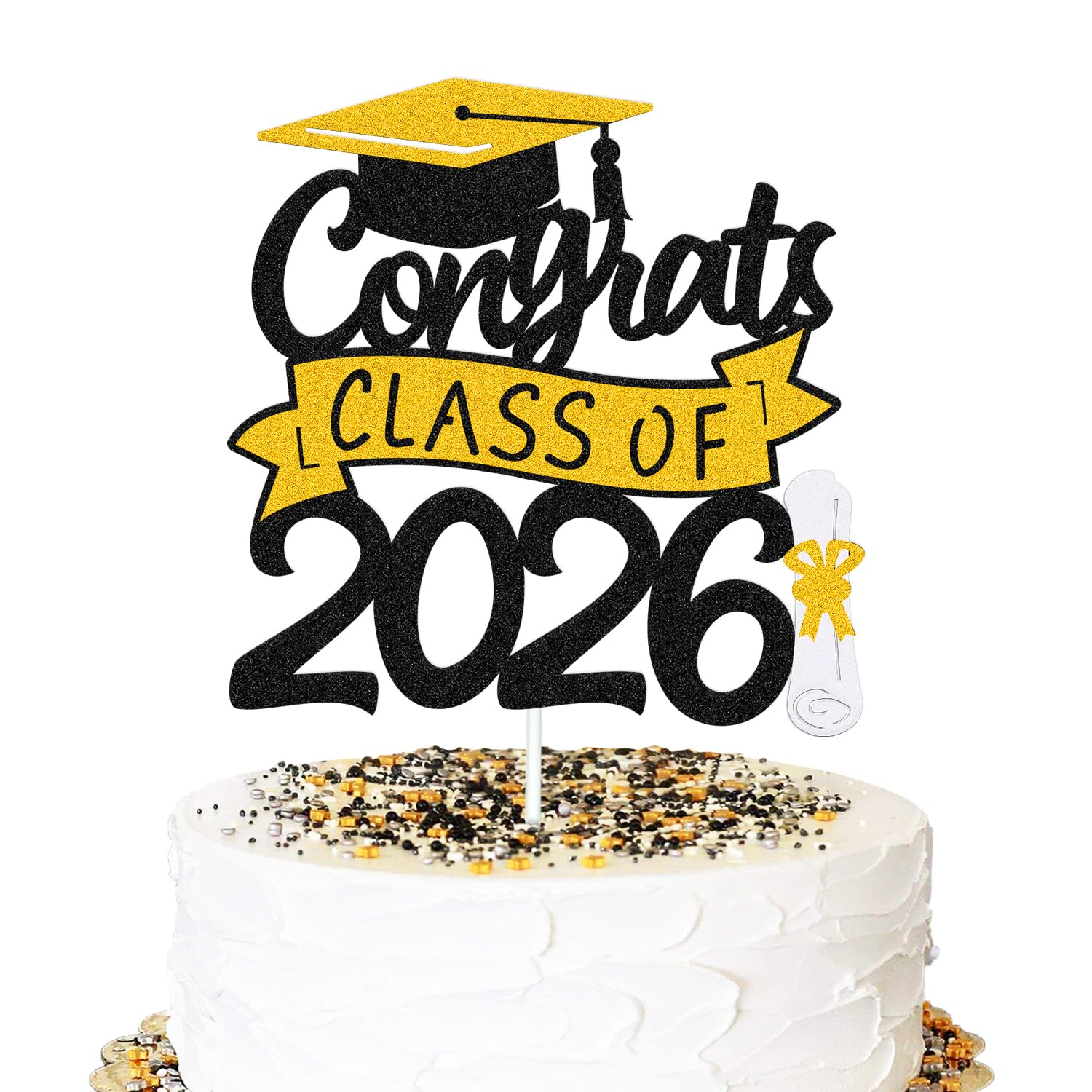 Congrats Class of 2026 Cake Topper Congrats Grad Cap Diploma Theme for High School Happy Graduation Party Supplies College Graduate Decoration (Gold)