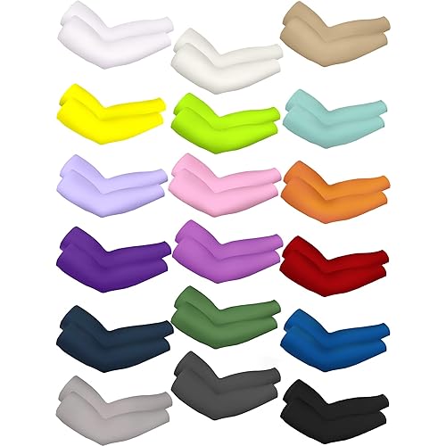 Hicarer Unisex UV Protection Arm Sleeves Long Cooling Ice Silk Arm Cover Sleeves (Bright Colors,18 Pairs)