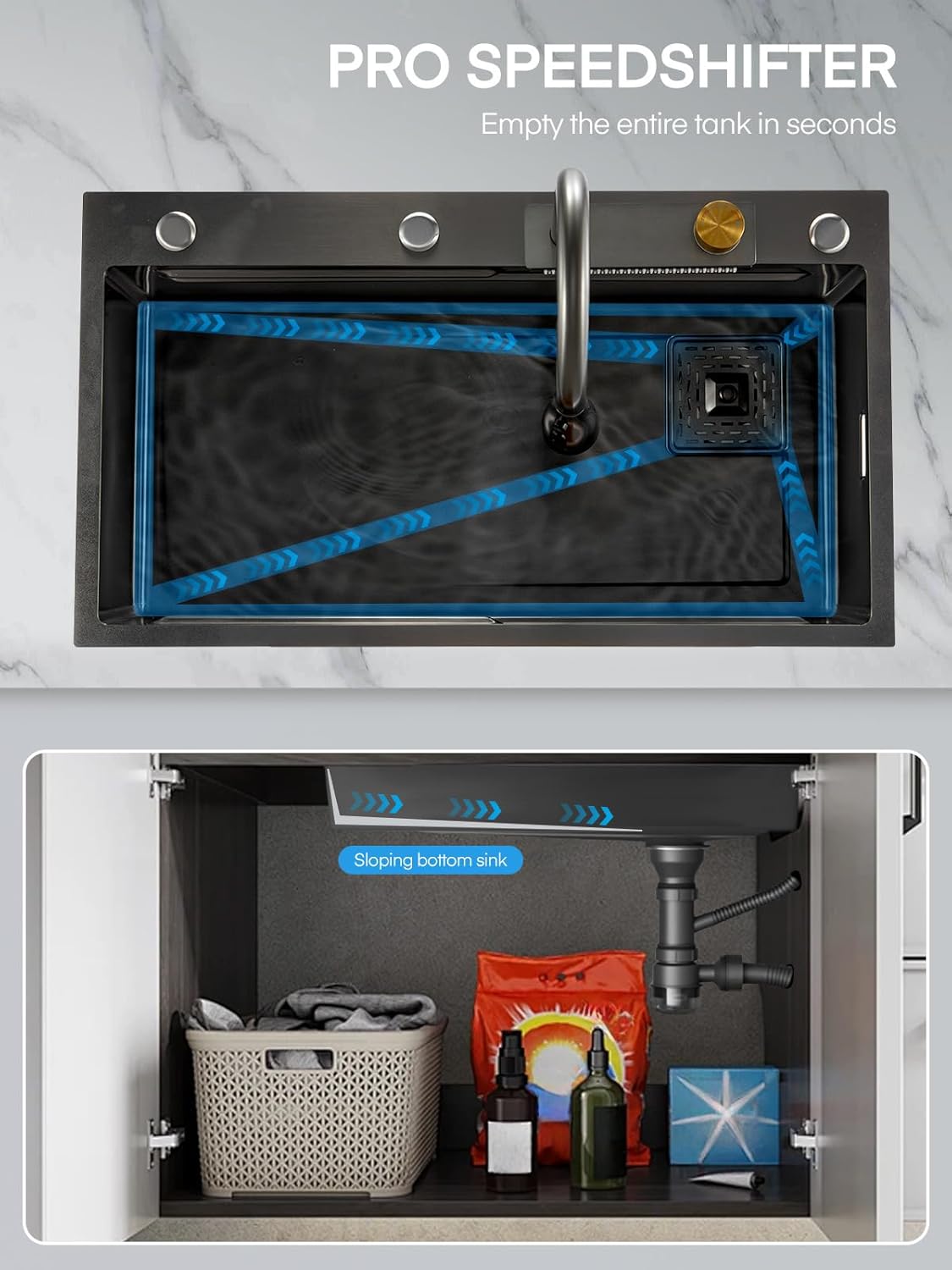 Drop In Waterfall Kitchen Sink Black with Faucet, 31.5x17 Kitchen Sink with Cold and Hot Water, 11 Gauge Stainless Steel Topmount Single Workstation Bowl with Multiple Accessories