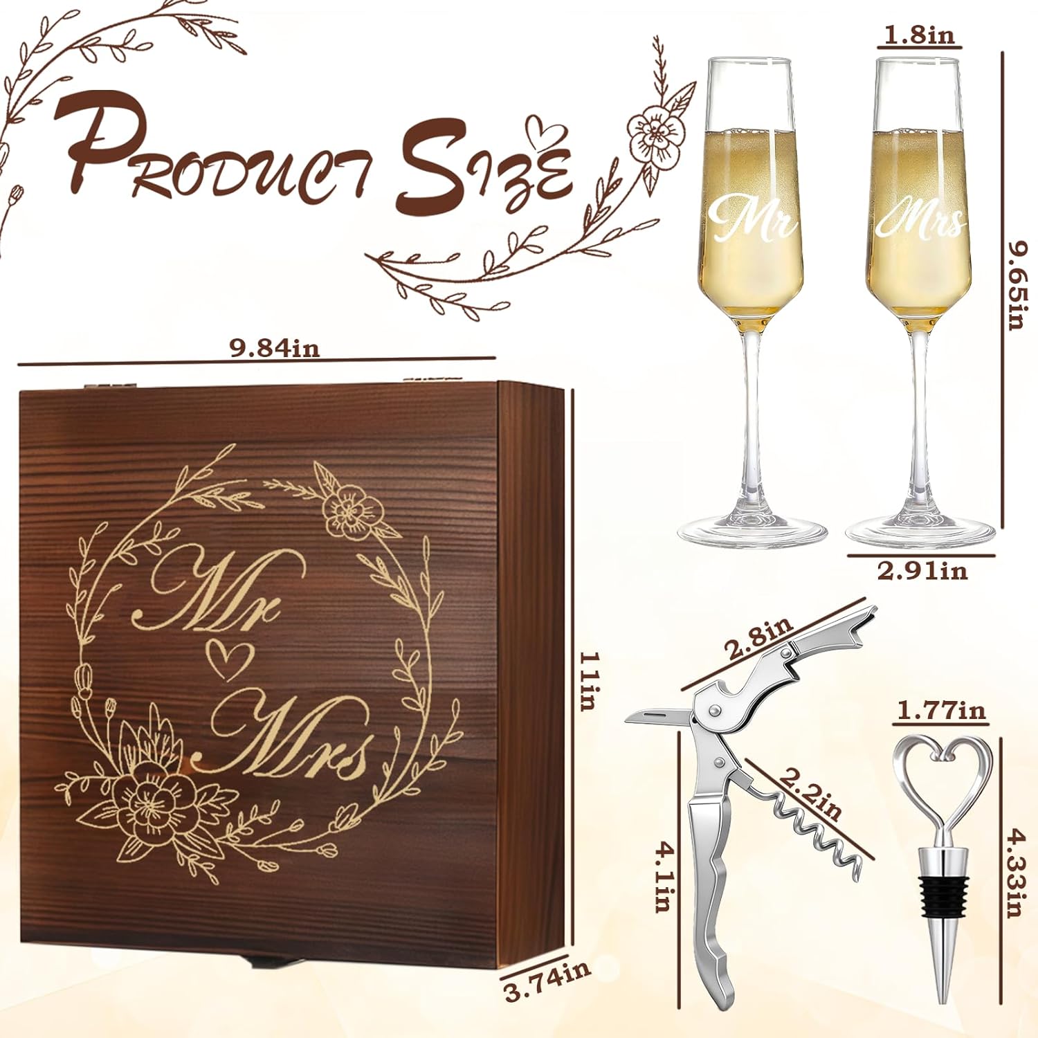 2026 Wedding Gifts for Newlyweds Mr and Mrs Champagne Flutes Set of 2 Engagement Bridal Shower Gift for Newly Engaged Couples with Wine Opener Wine Stopper and Wooden Box