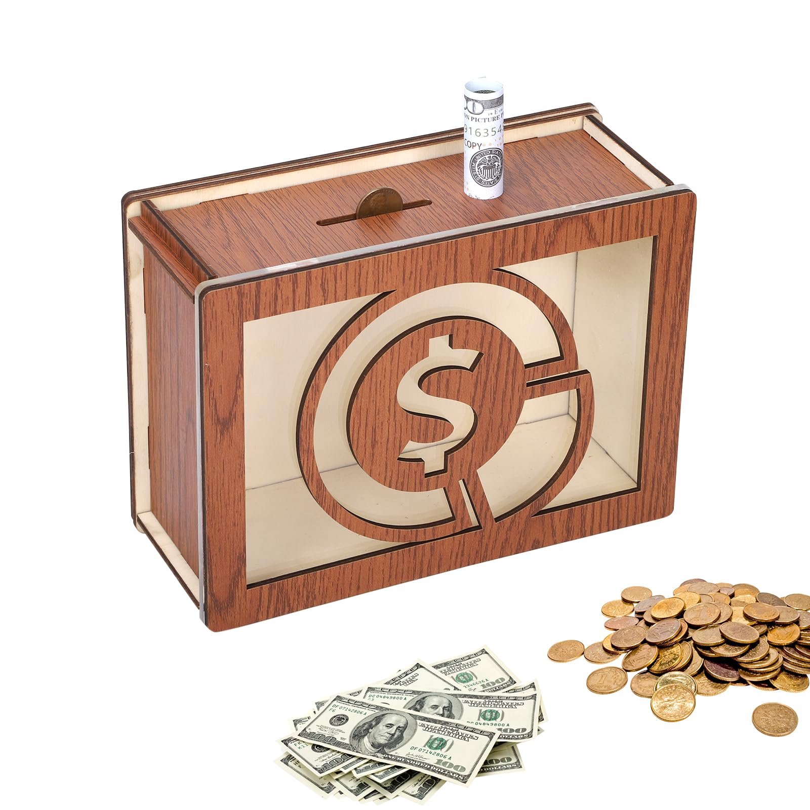Wooden Piggy Bank for Adults Kids Assembled Wooden Coin Bank with Transparent Dollar Pattern for Boys Girls Money Bank Box with Counting Target and