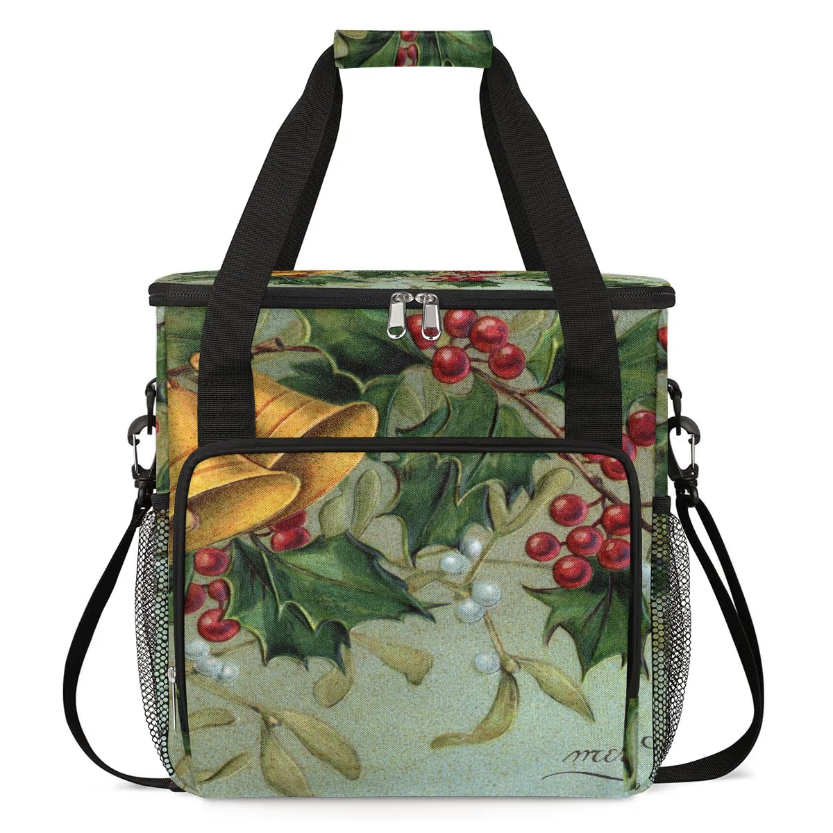 Christmas Bell Holly Coffee Maker Carring Bag Travel Carrying Storage Tote Bag Compatible with Keurig K-Mini or K-Mini Plus Portable Single Serve Coffee Brewer Case with Pockets for K-cup Pods