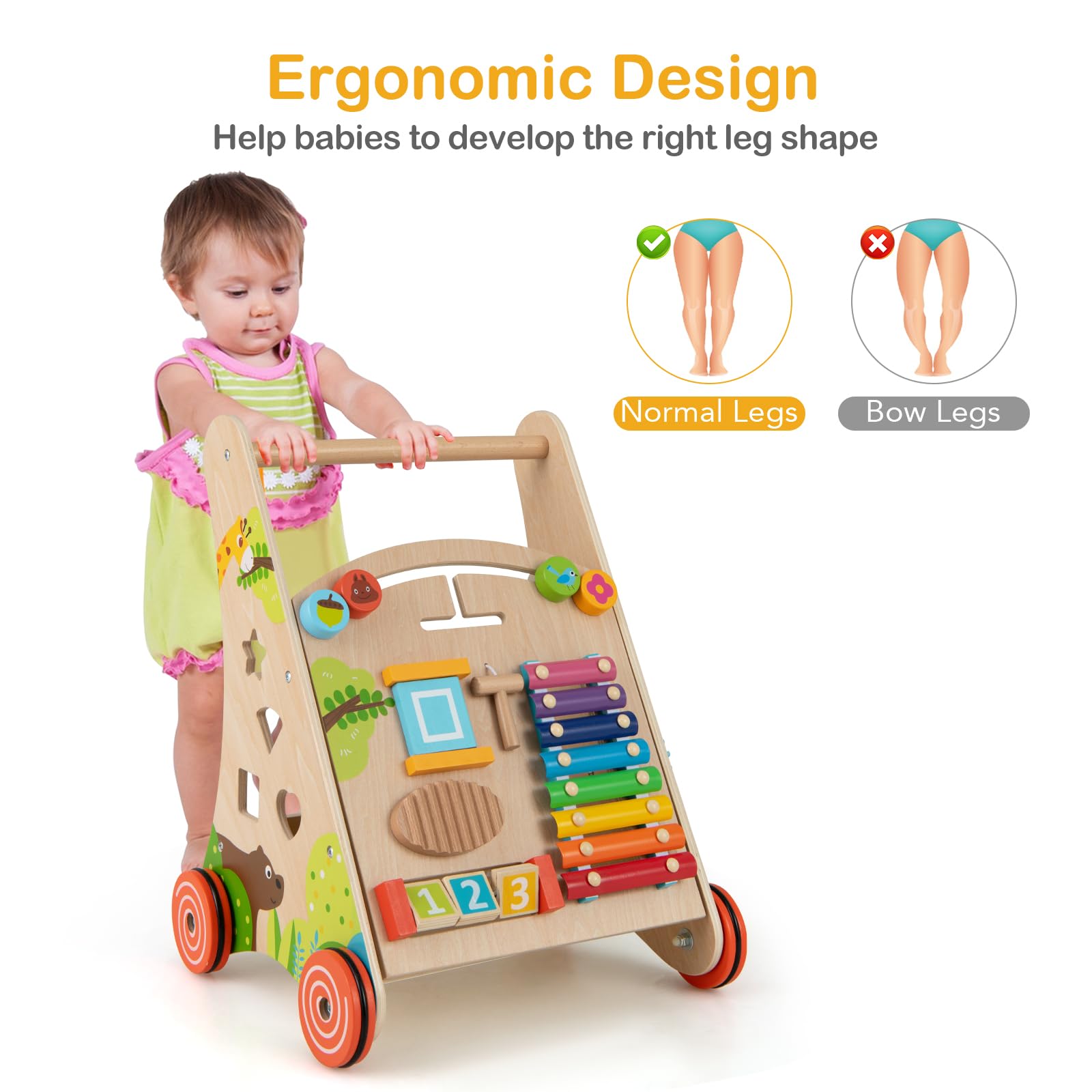 LIFEZEAL Drewniany wózek spacerowy z 4 kółkami, ewolucyjny chodzik dla niemowląt z miejscem do przechowywania, klockami i lustrem, wielofunkcyjny dla zabawy, Baby Walker 1+ lat (35x31x44 cm)