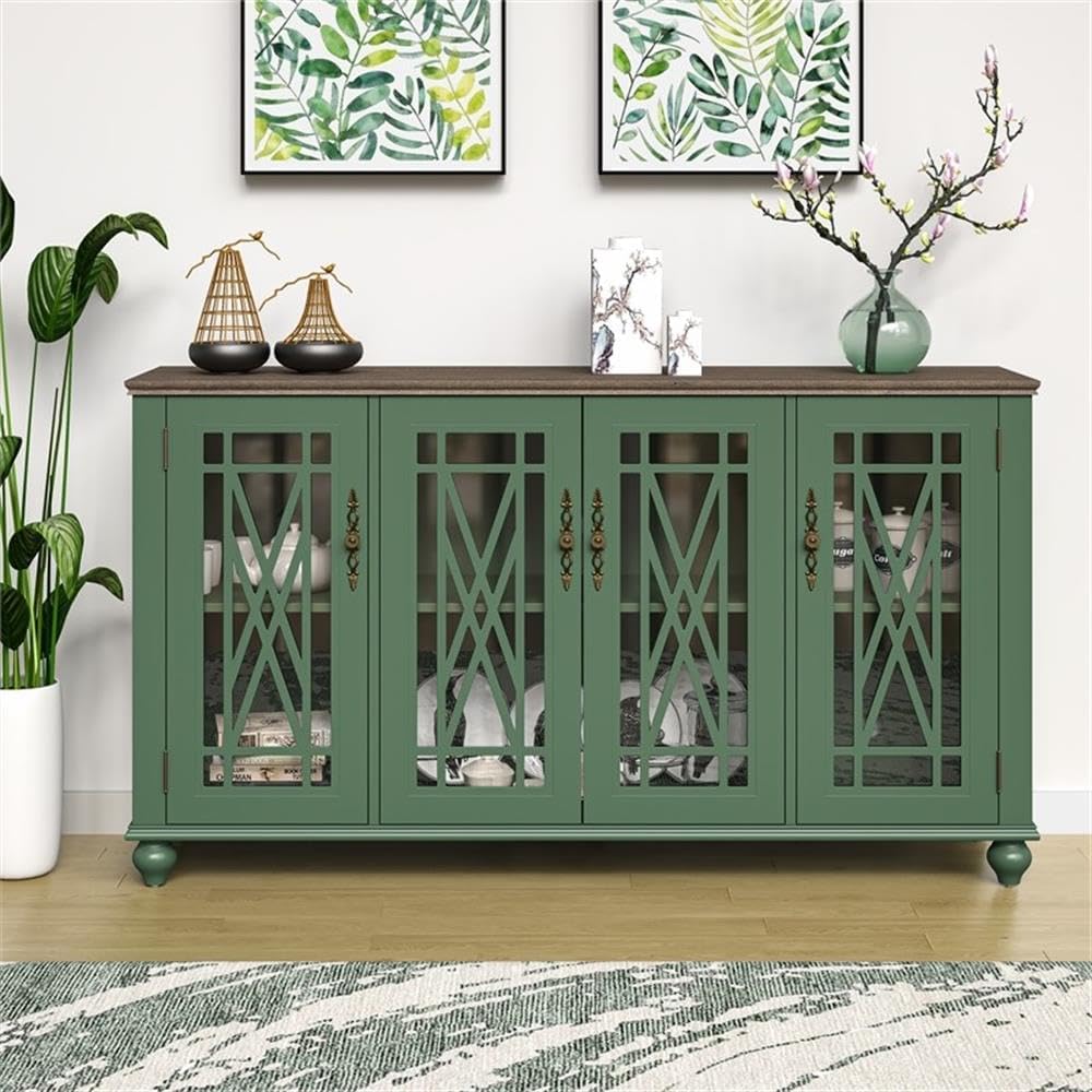 Pemberly Row 63" Vintage Wood Buffet Sideboard Cabinet, Green Finish, Solid Wood and MDF, 4 Glass Paneled Doors, Adjustable Shelves, Rustic Style, Kitchen, Dining Room, Living Room, Entryway Storage