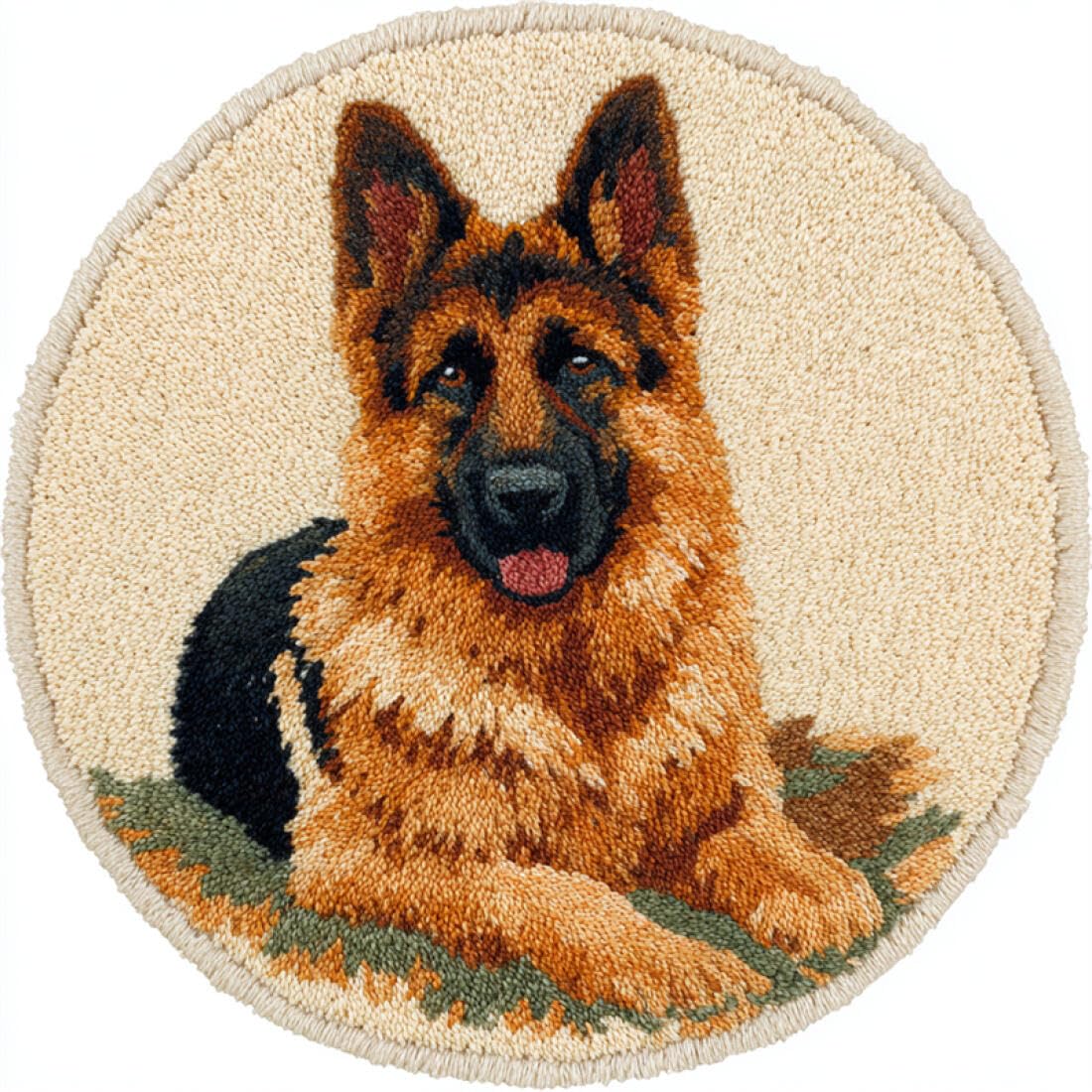 Rqwybcaxn DIY Latch Hook Rug Kit for Adults Animal Embroidery Kit German Shepherd Portrait 50x50cm Round Easy Pattern Floor Mat Living Room Handmade Art