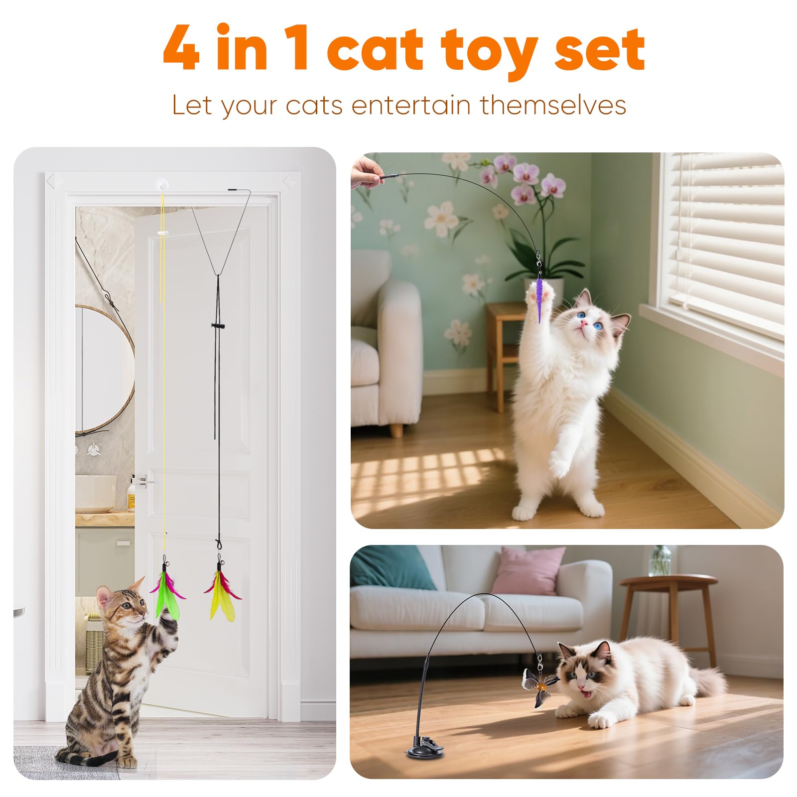 LongForU 12PCS Interactive Cat Toys, Cat Feather Toy, 4-in-1 Cat Teaser Wand with Bells and Feather, for Indoor Cats Adult & Kitten - Image 3