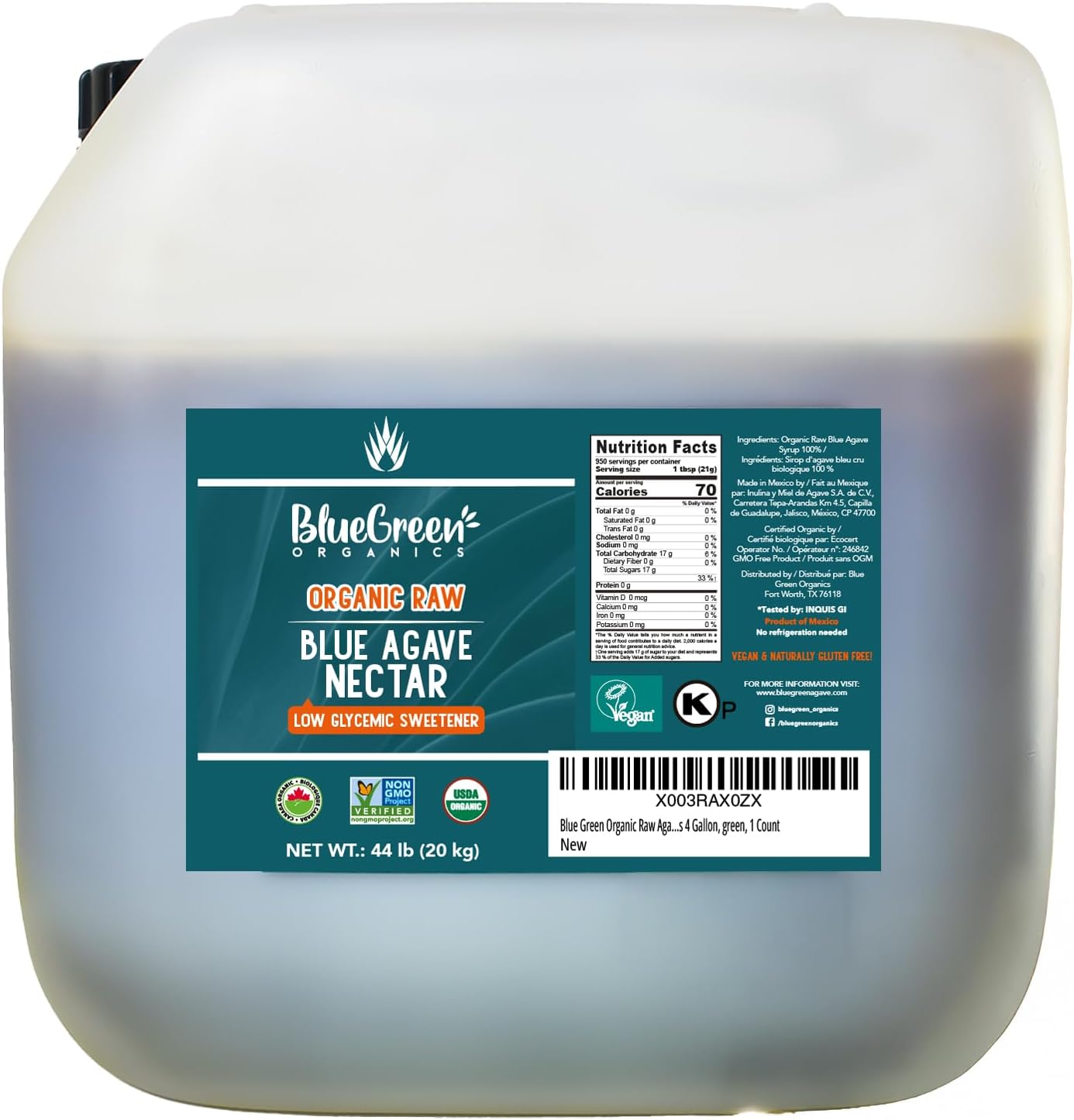 BLUE GREEN ORGANICS 44 lb Raw Blue Agave Nectar, Organic Bulk Natural Sweetener, 4 Gallon Container for Restaurants & Home Use, Low Glycemic Sugar Alternative