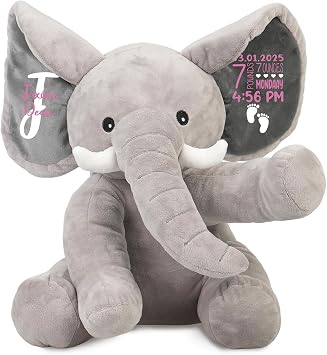 Dyoart Custom Baby Birth Stats Elephant Plush, Personalized Birth Announcement Stuffed Elephant Plushies for Newborn Boys Girls