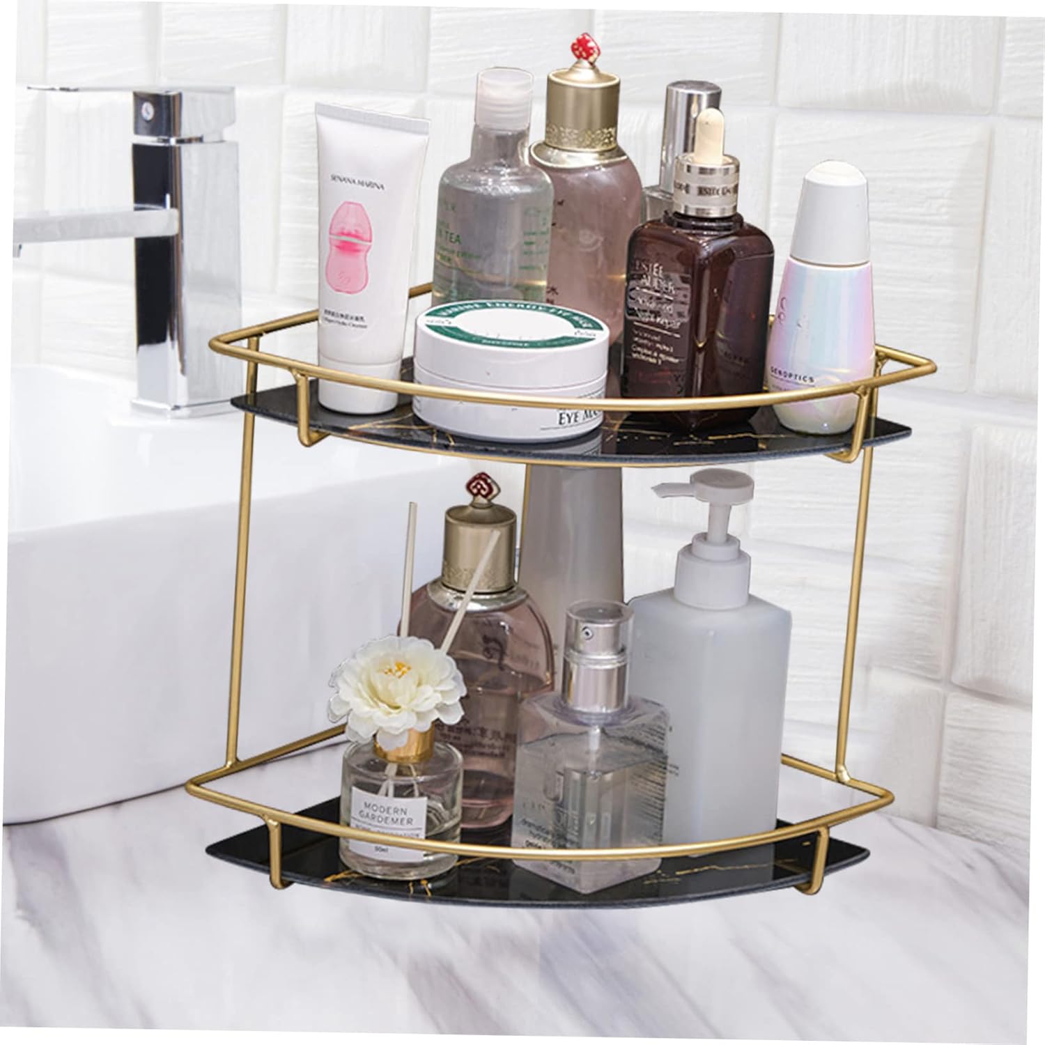 Vaguelly Iron Bathroom Corner Shelf Organizer Punch-Free Adjustable Tiered Storage Rack Space-Saving for Bathroom Kitchen Countertop Easy Installation Black