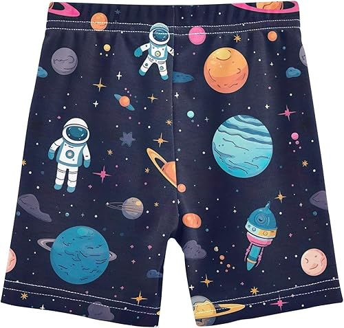 CHIFIGNO Girl's Bike Shorts Breathable Cartwheel Shorts Kids Under Dress Biker Short Cartoon Astronaut Dark Blue(6 Years)