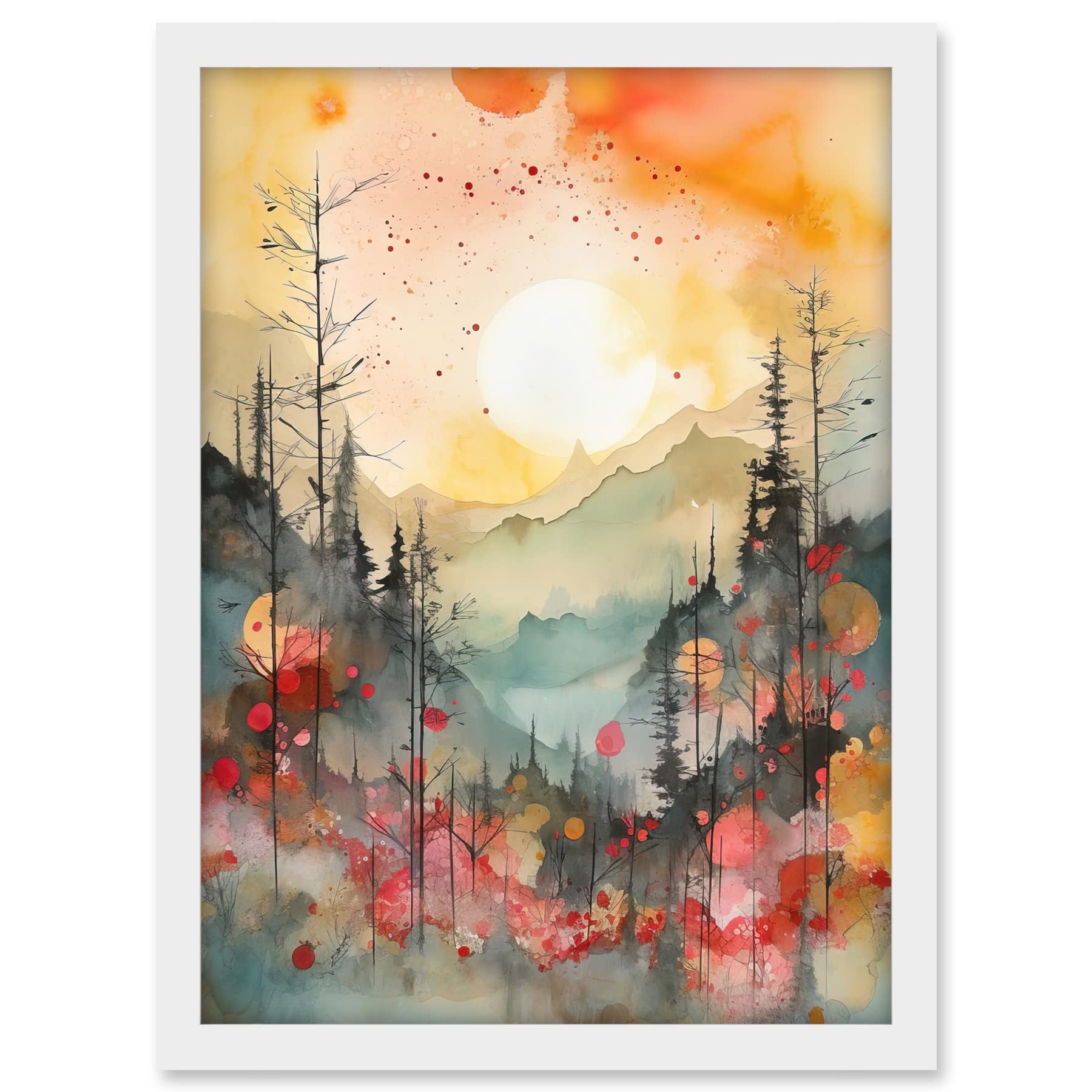 Artery8 Sunrise Over Misty Mountain Forest Landscape Modern Watercolour Painting Artwork Framed A3 Wall Art Print