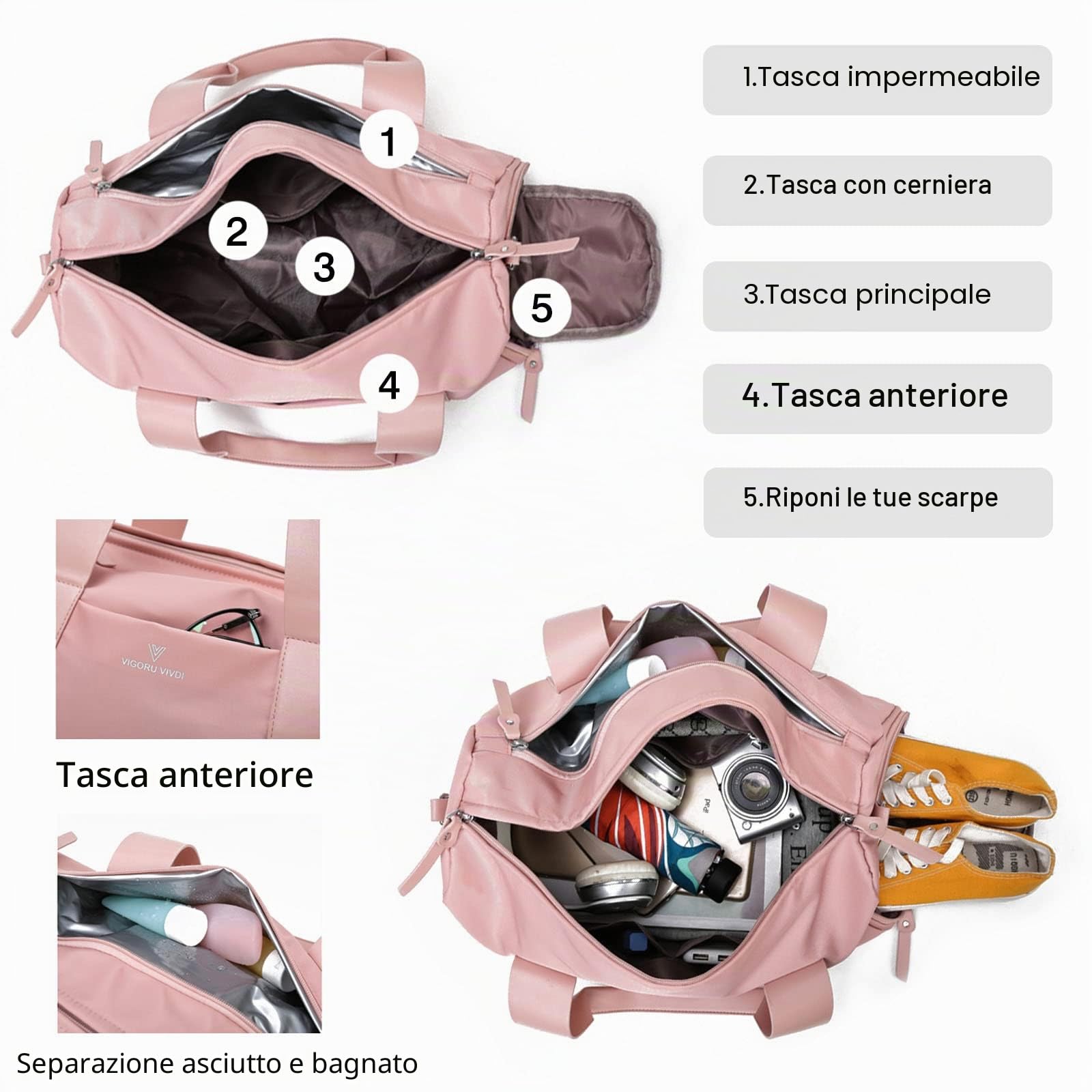 FANDARE Unisex Borsone da Viaggio Borsa Palestra Borsa Sportivo Weekender Borsone Piscina Nascita Ospedale Borsa a Spalla con Scomparto Scarpe & Tasca di separazione bagnata e asciutta Nero Rosa