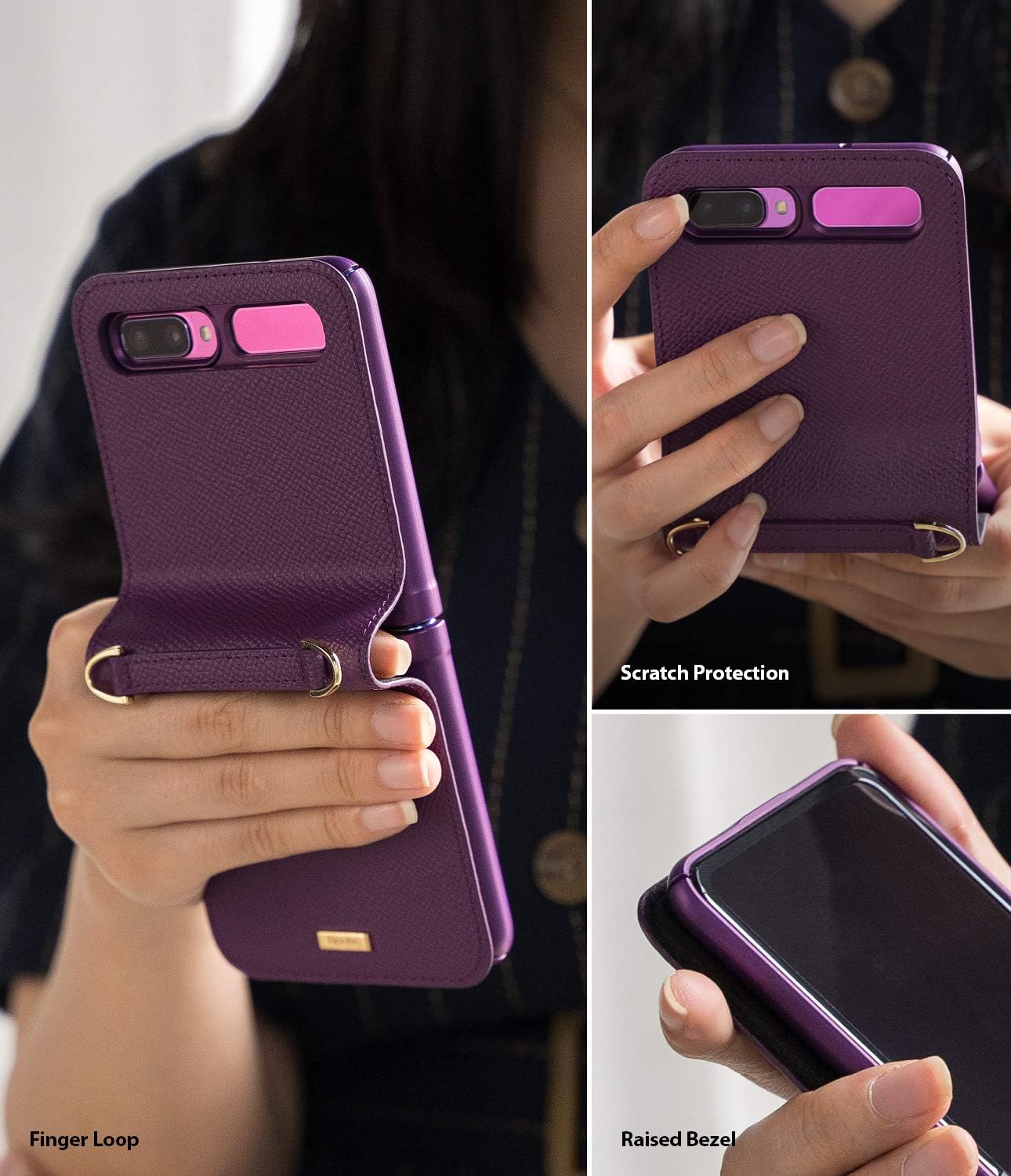 Ringke Folio Signature Designed for Galaxy Z Flip, Genuine Leather Crossbody Case for Galaxy Z Flip 5G - Purple