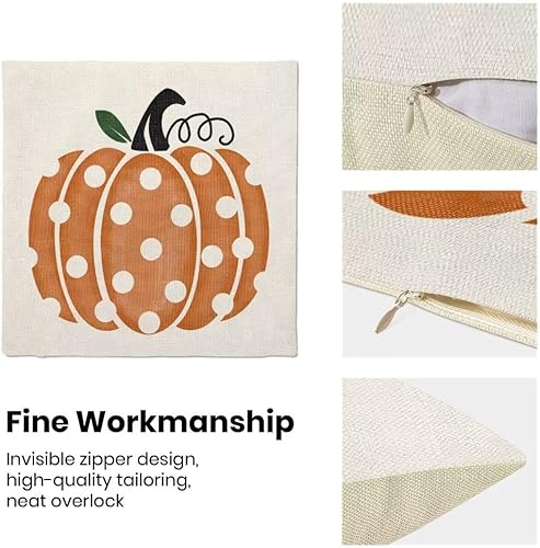 Miniatura 5 de Juego de 2 fundas de almohada de calabaza de otoño de 20 x 20 pulgadas, diseño de lunares de granja, fundas decorativas de lino para exteriores,