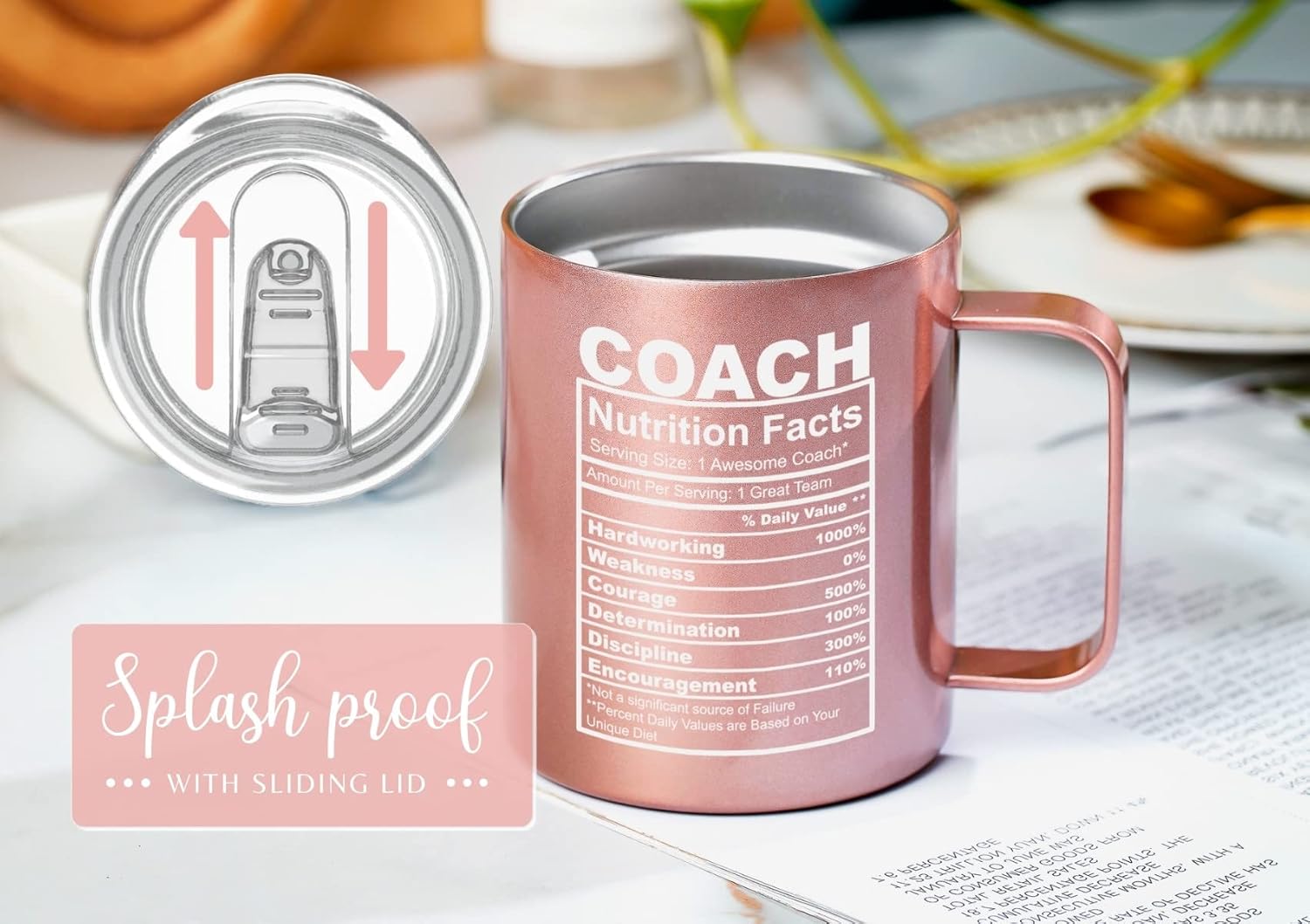 Onebttl Coach Gifts, Funny Gift Idea for Appreciation, Christmas, Birthday, 12oz Stainless Steel Insulated Travel Coffee Mug - Coach Nutriton Facts RoseGold - Image 4
