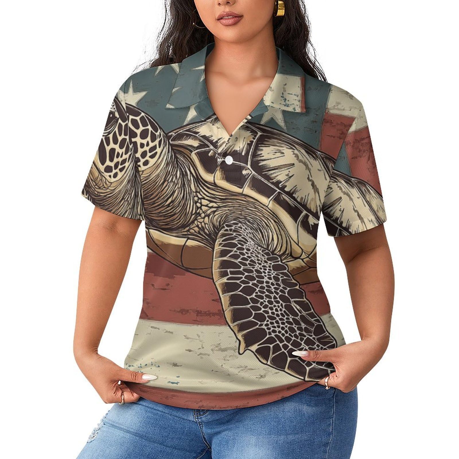 Polo transpirable de mujer con estampado de tortuga marina y bandera 8