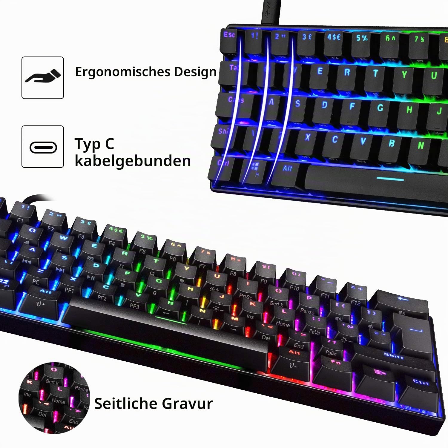 MK21 Gaming-Set: 60% Mechanische Tastatur + 6400 DPI Maus + Mauspad für PS4, Xbox, PC - Schwarz/Brown Switch
