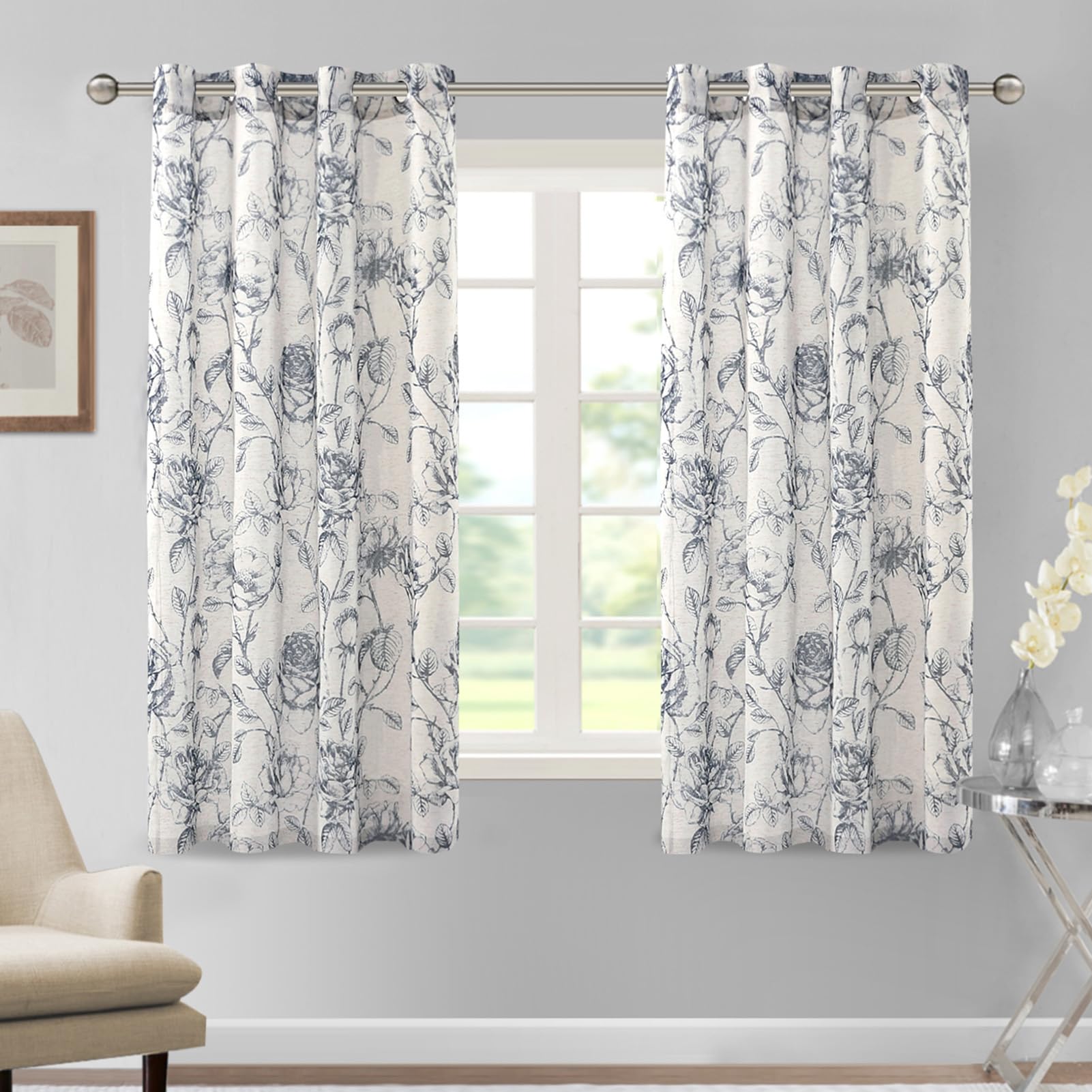 DEZYPZAM Floral Linen Semi Sheer Curtains, Light Filtering Privacy Window Curtains, Semi Sheer Window Curtain Drapes for Living Room/Bedroom (Navy Blue,52 x 63 inch)