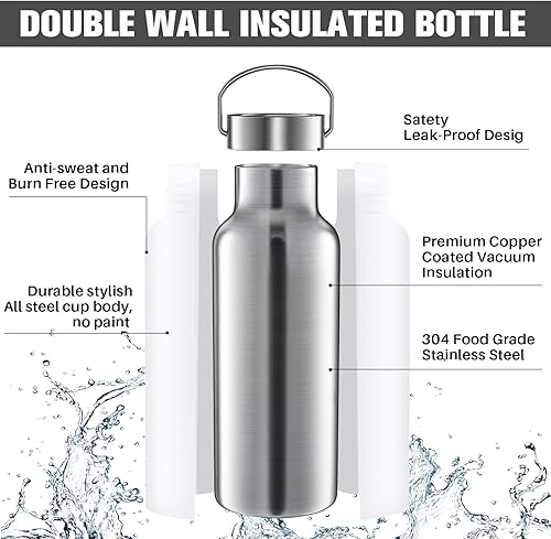 Miniatura 5 de Paquete de 10 botellas de agua reutilizables de acero inoxidable de 17 onzas, botella de agua deportiva con aislamiento de doble pared con asa y