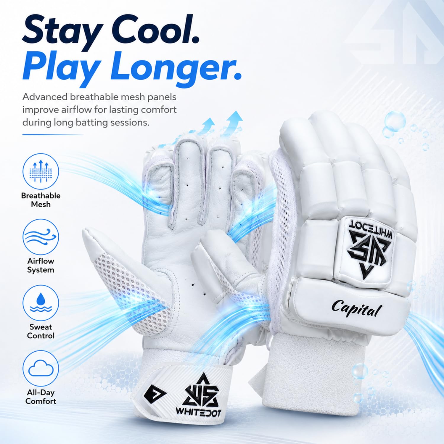 WHITEDOT Sports Capital PU Cricket Batting Gloves (White Boys/Small Right Hand) 1