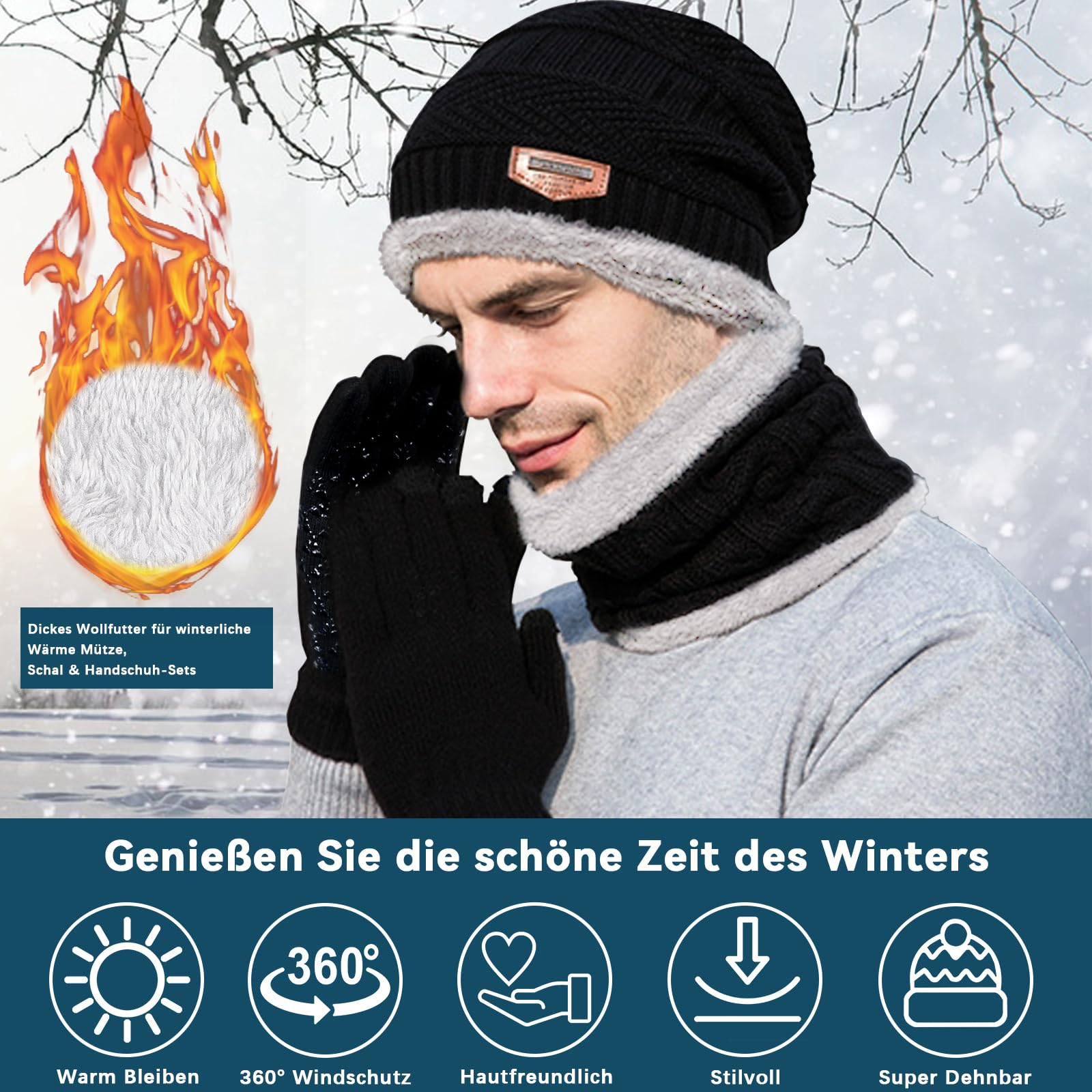 Winter Warm Mütze, Schal & Handschuh-Sets für Damen Herren, Winter Beanie Mütze, Touchscreen Handschuhe, Winter Warm Loop Schal mit Fleece Gefütterte, Geschenk Damen Herren Weihnachten (Schwarz)