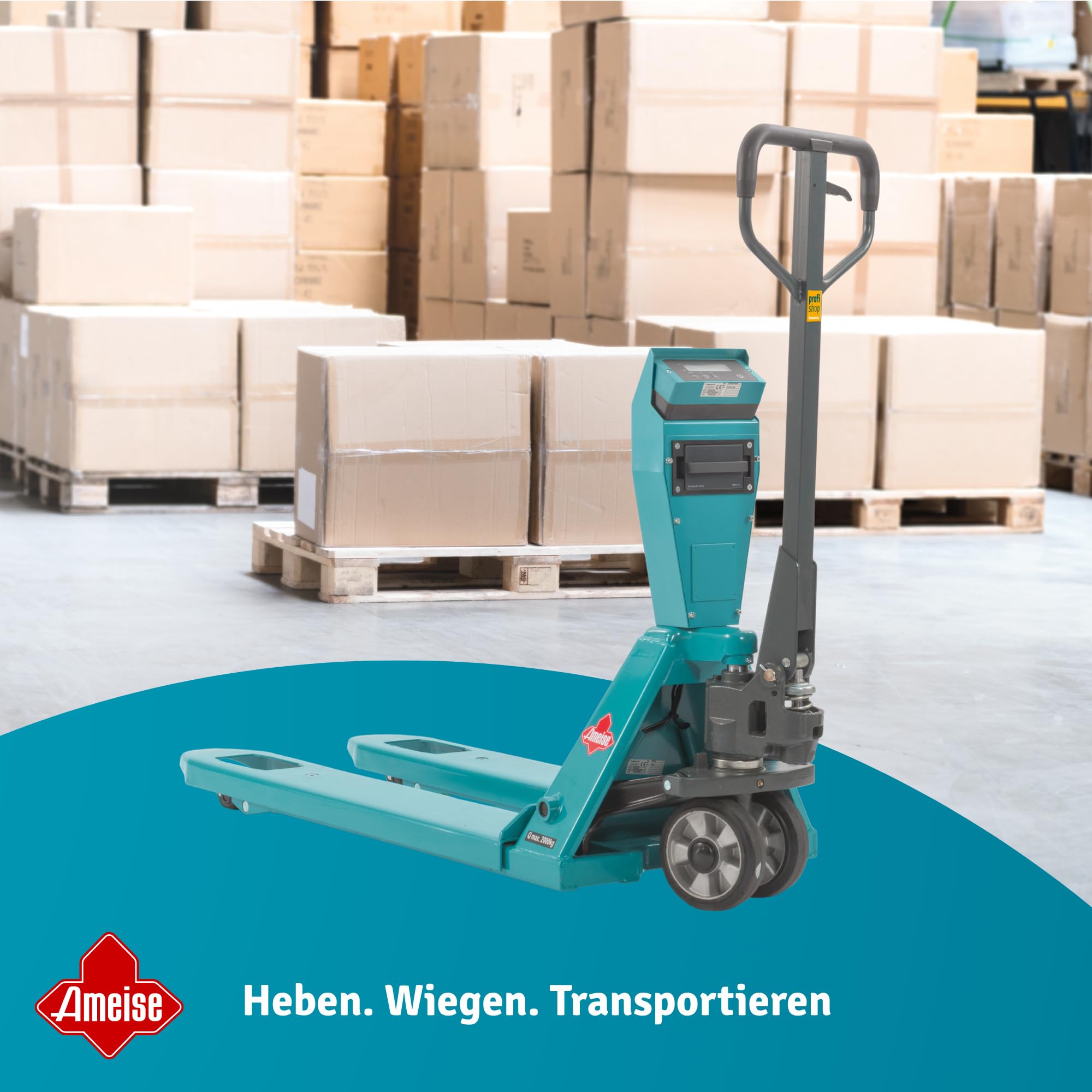 Ameise Hubwagen PTM mit Präzisionswaage | Display mit 0,2/0,5/1 kg Schritten | 2.000 kg Tragkraft | 1.150 mm Gabellänge | Vollgummi Lenkrad | Polyurethan Einfach-Gabelrollen | Schnellhub bis 120 kg