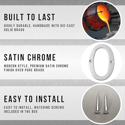 Miniatura 3 de Motif - Números modernos de latón fundido a presión de 4 pulgadas con acabado cromado satinado para exteriores, letrero de dirección para puerta de