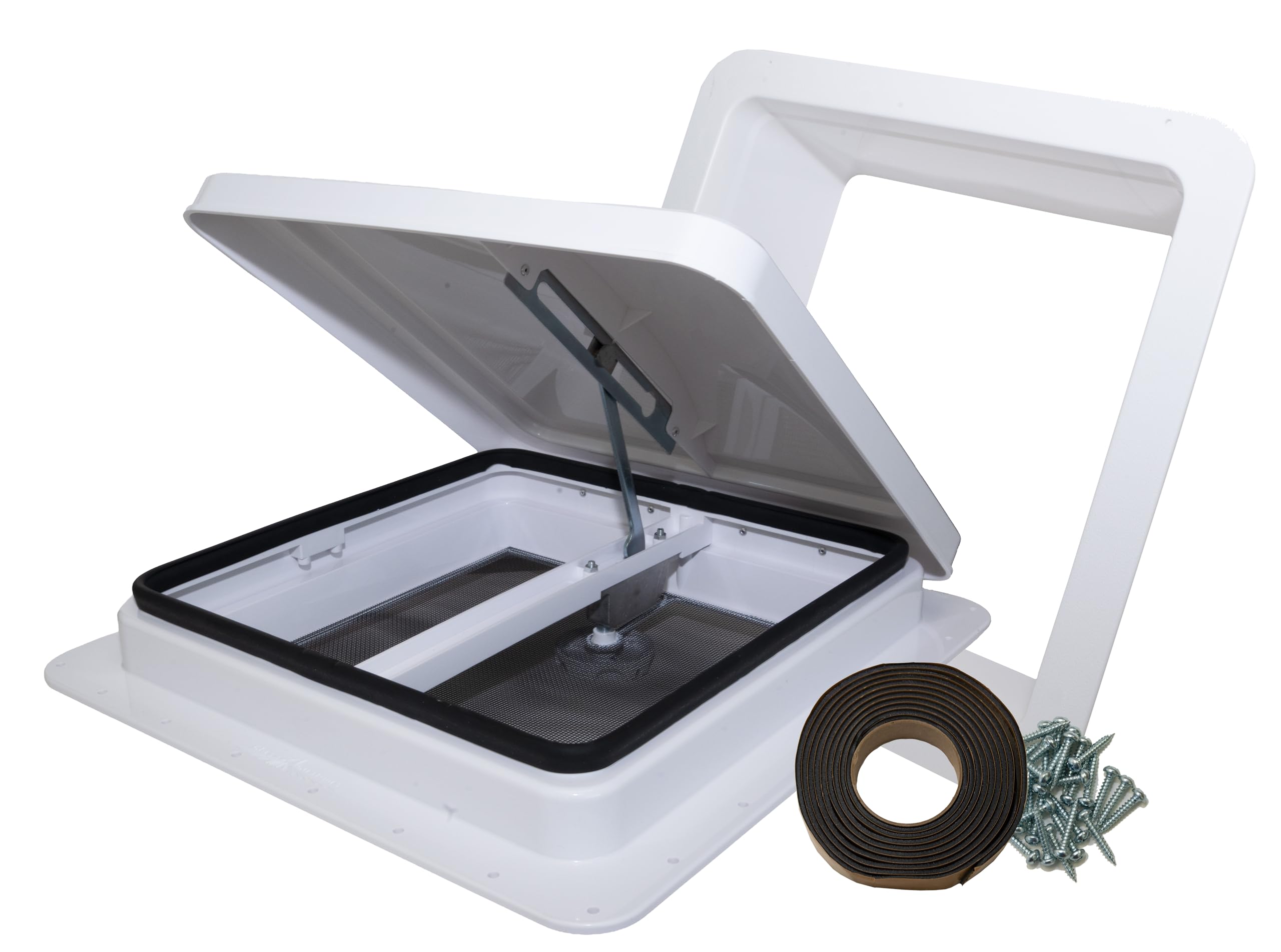 81111-6GPS | 14" RV Roof Vent | 6" Garnish Ring | Non Powered | White Lid | Manual Crank | for RV's | Cargo Trailer | Camper and Motorhome (6" Garnish, Butyl Tape/Screws)