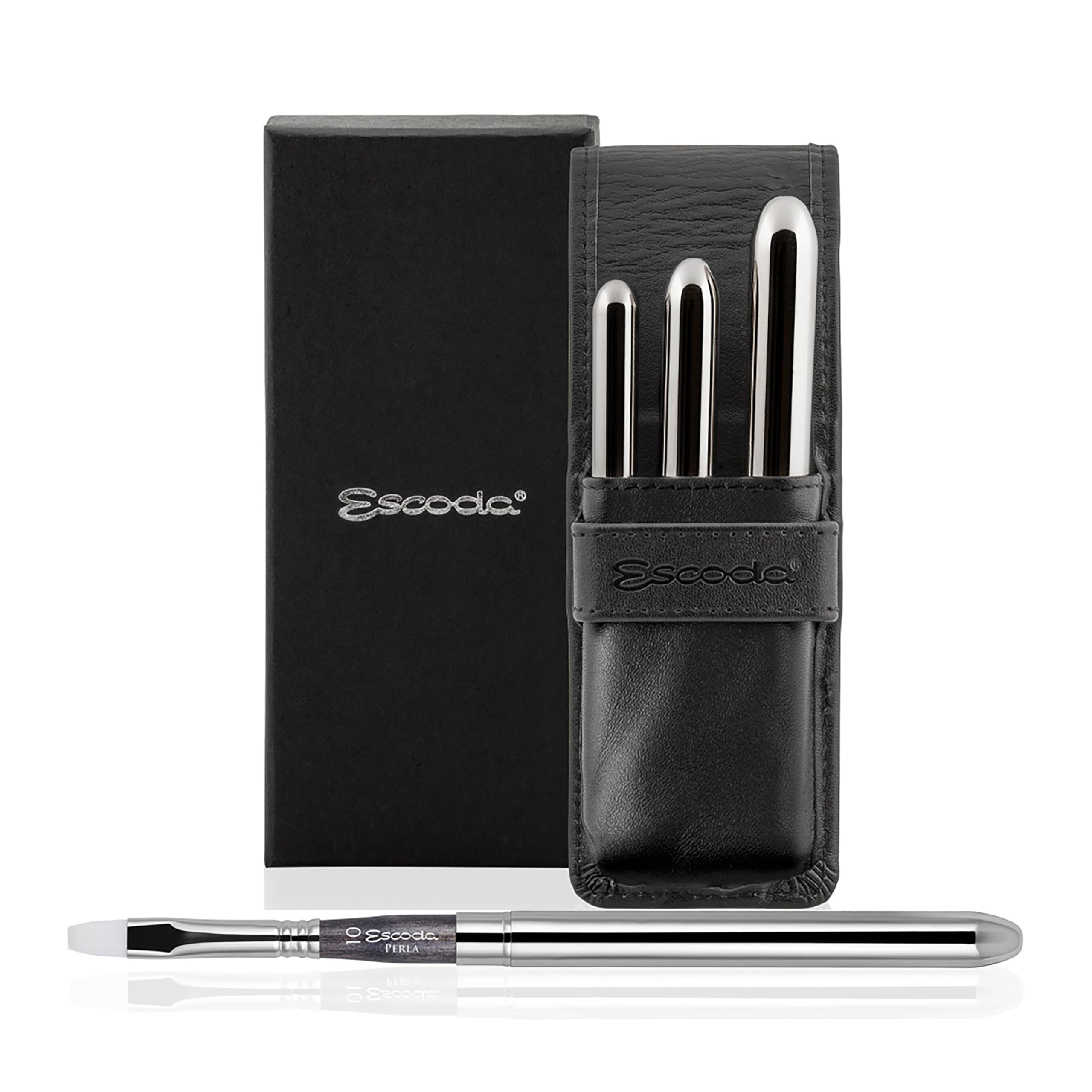 Escoda Perla Series - Set di pennelli da viaggio professionali per acquerelli, con portafoglio in pelle sintetica, 3 pennelli da viaggio luminosi, fibra sintetica bianca Toray