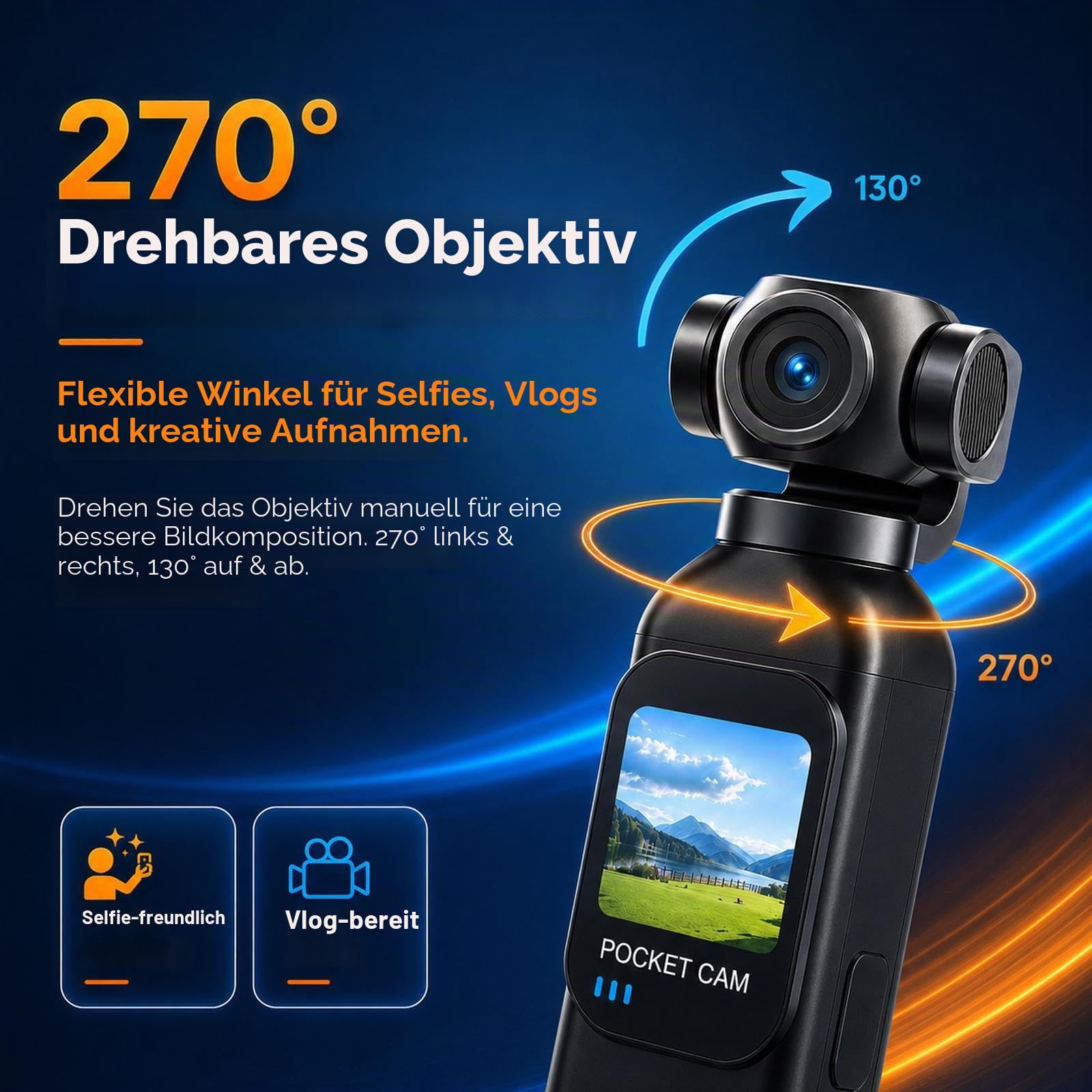 Vlog Kamera 1080P, Mini Pocket Camera/Bodycam mit Ladegriff für Lange Laufzeit, 32 GB Karte, 270°/130° Drehobjektiv, WiFi, 1,33" Touchscreen, tragbare POV Kamera für Alltag