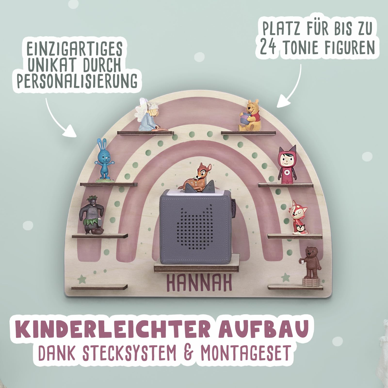 hellomini Personalisiertes Tonie Regal Mädchen - Toniebox 1 & Toniebox 2 Regal mit Wunschnamen fürs Kinderzimmer - Regal Mädchen - Kinder - Toniebox Aufbewahrung (Regenbogen Druck)