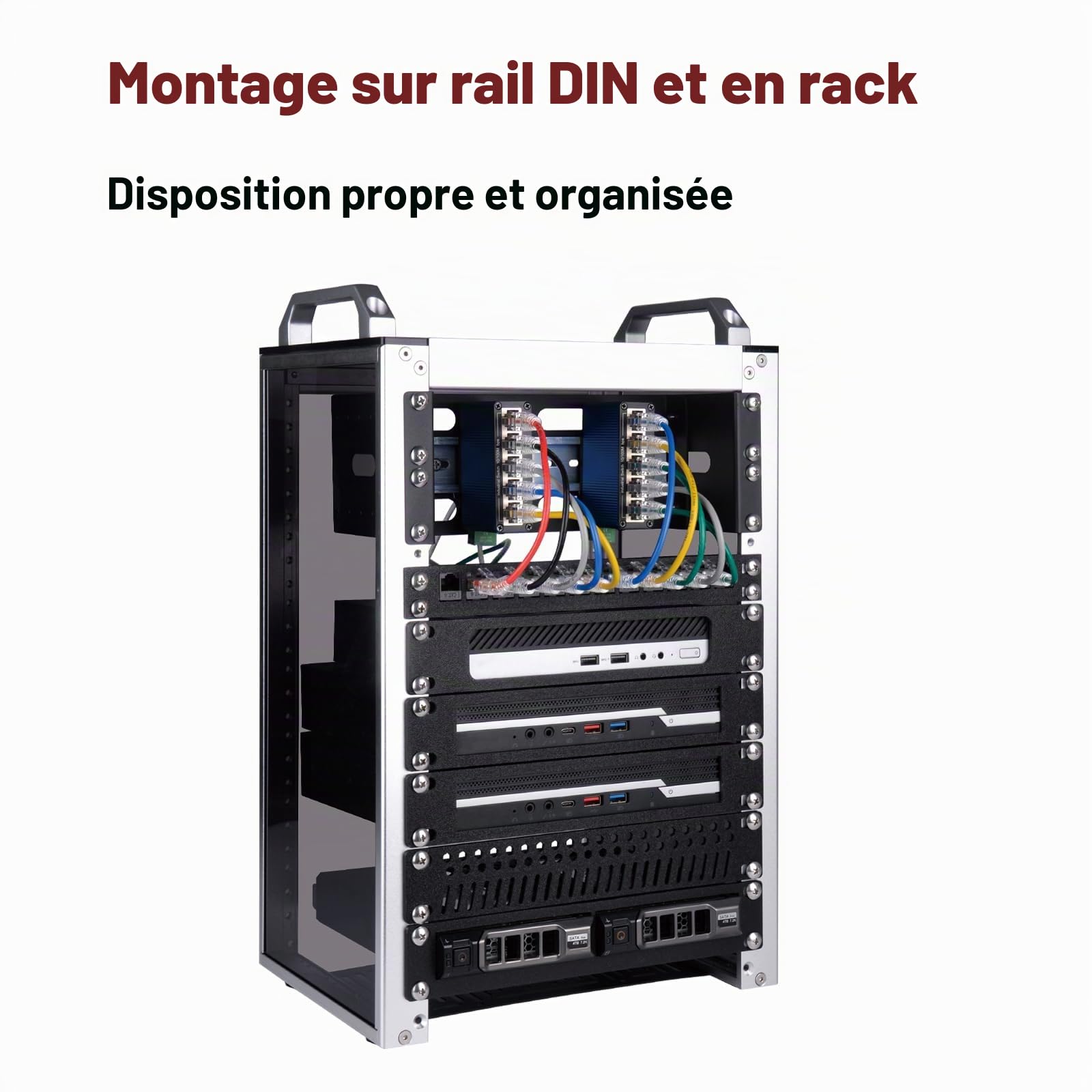 GeeekPi Support de montage sur rail DIN à profondeur réglable 2U de 10 pouces pour DeskPi RackMate T1/T0/T2/T0 Plus/T1 Plus, compatible avec les appareils de réseau industriel de 35 mm et armoire