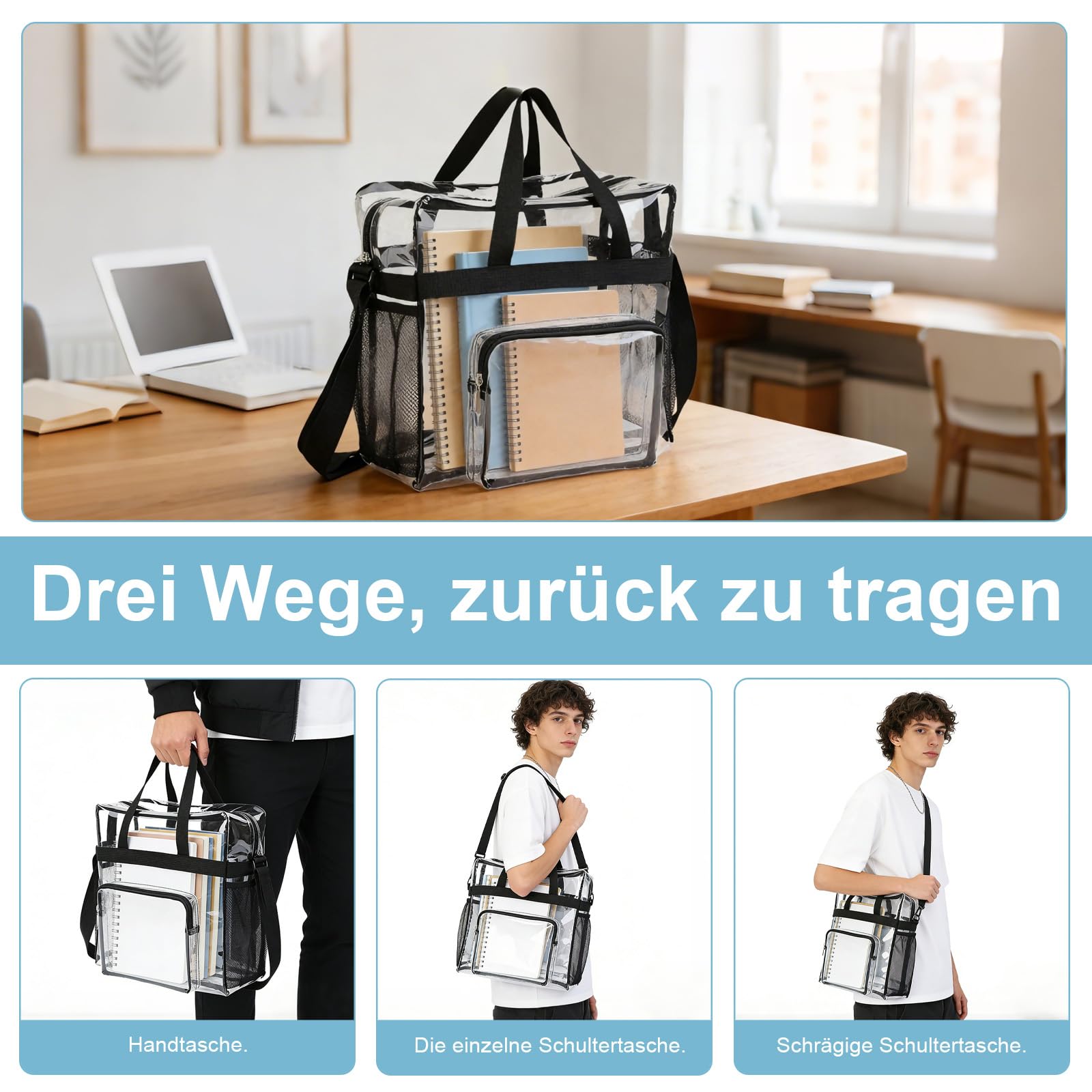 Borsa trasparente, 28 x 13 x 27 cm, trasparente, per lavoro, palestra, concerti e competizioni sportive