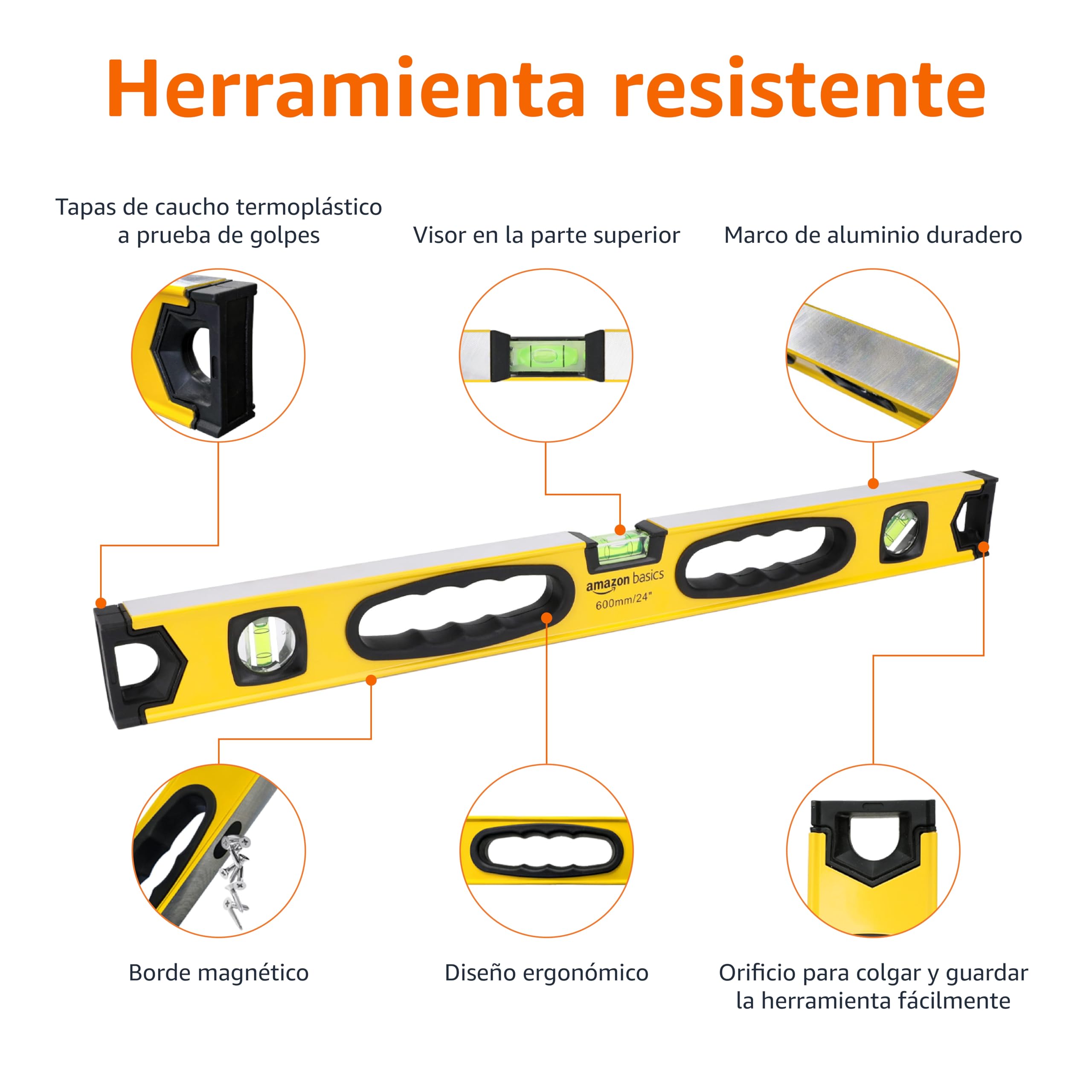 Amazon Basics Nivel de burbuja magnético de aleación de aluminio resistente a los golpes, de 60.9 cm, plomada/nivel/burbujas, 180, 90 y 45 grados, Amarillo,negro