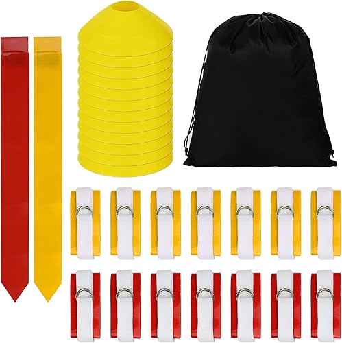 Juego de bandera de fútbol, kit de cinturones de fútbol con bandera de 14 jugadores, incluye 14 cinturones, 42 banderas, 12 conos y bolsa de