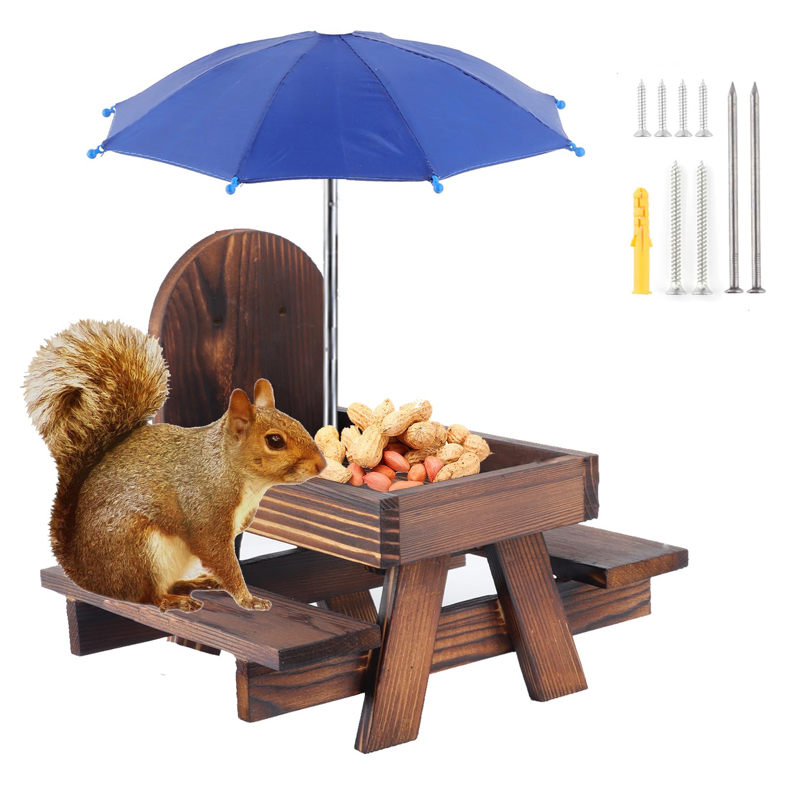 Wooden Squirrel Feeder, Outside Squirrel Picnic Table, Bird Wildlife Animals Feeder with Umbrella and Corn Cob Holder for Door Frames, Tree Trunks, Courtyards, Parks (Brown)