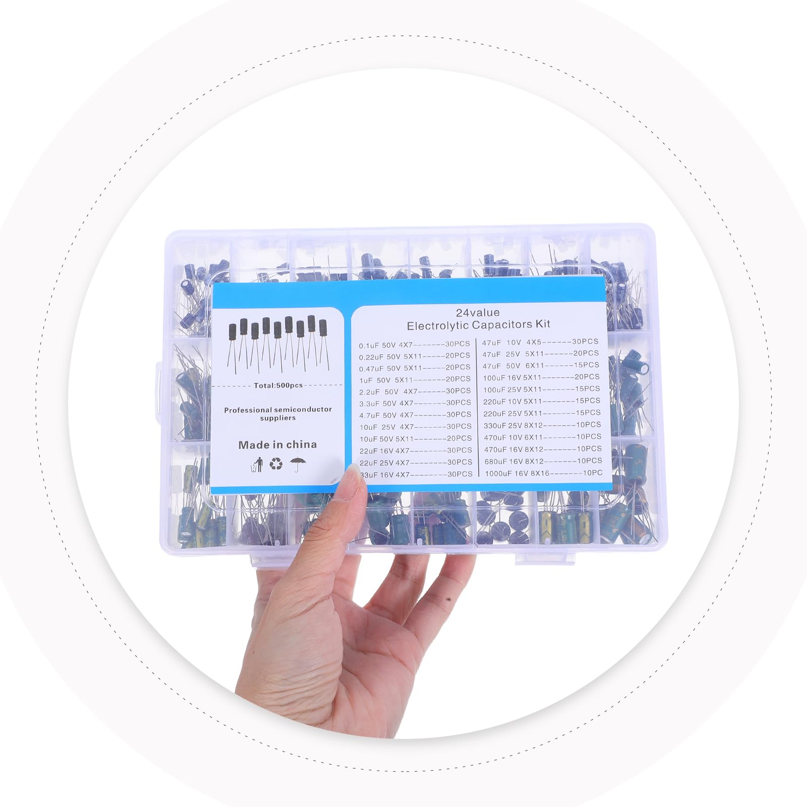 Toyvian Kit assortimento di condensatori in alluminio da 500 pezzi, condensatori elettrolitici da 0,1uF a 1000uF per monitor LCD, radio, stereo e sistemi di circuiti