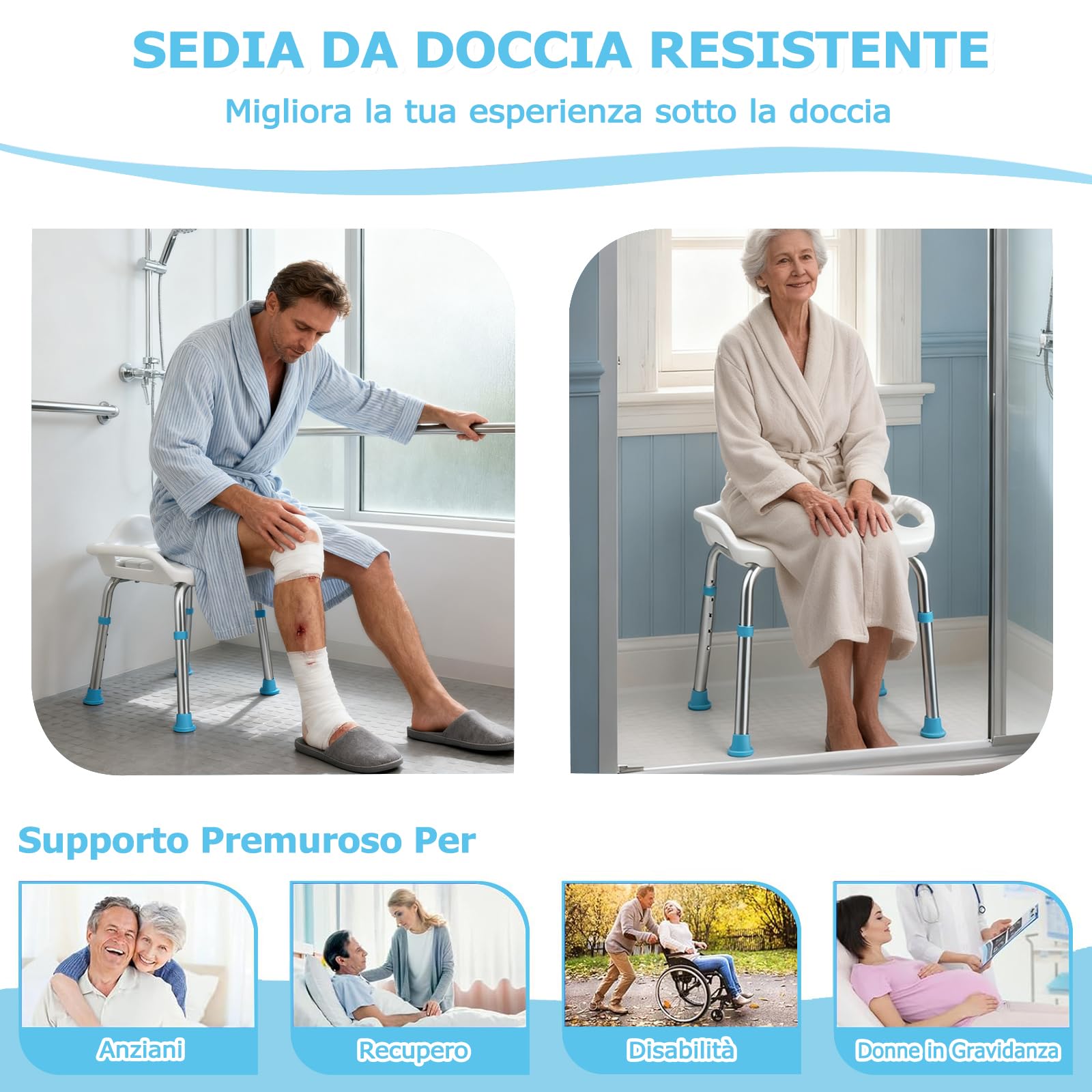 Sgabello Doccia per Anziani, Sedia da Doccia Extra Largo da 48 cm, Sgabello da Bagno in Alluminio con Altezza Regolabile 41-51 cm, Piedini Antiscivolo, Piccolo Schienale, Portata 200 kg