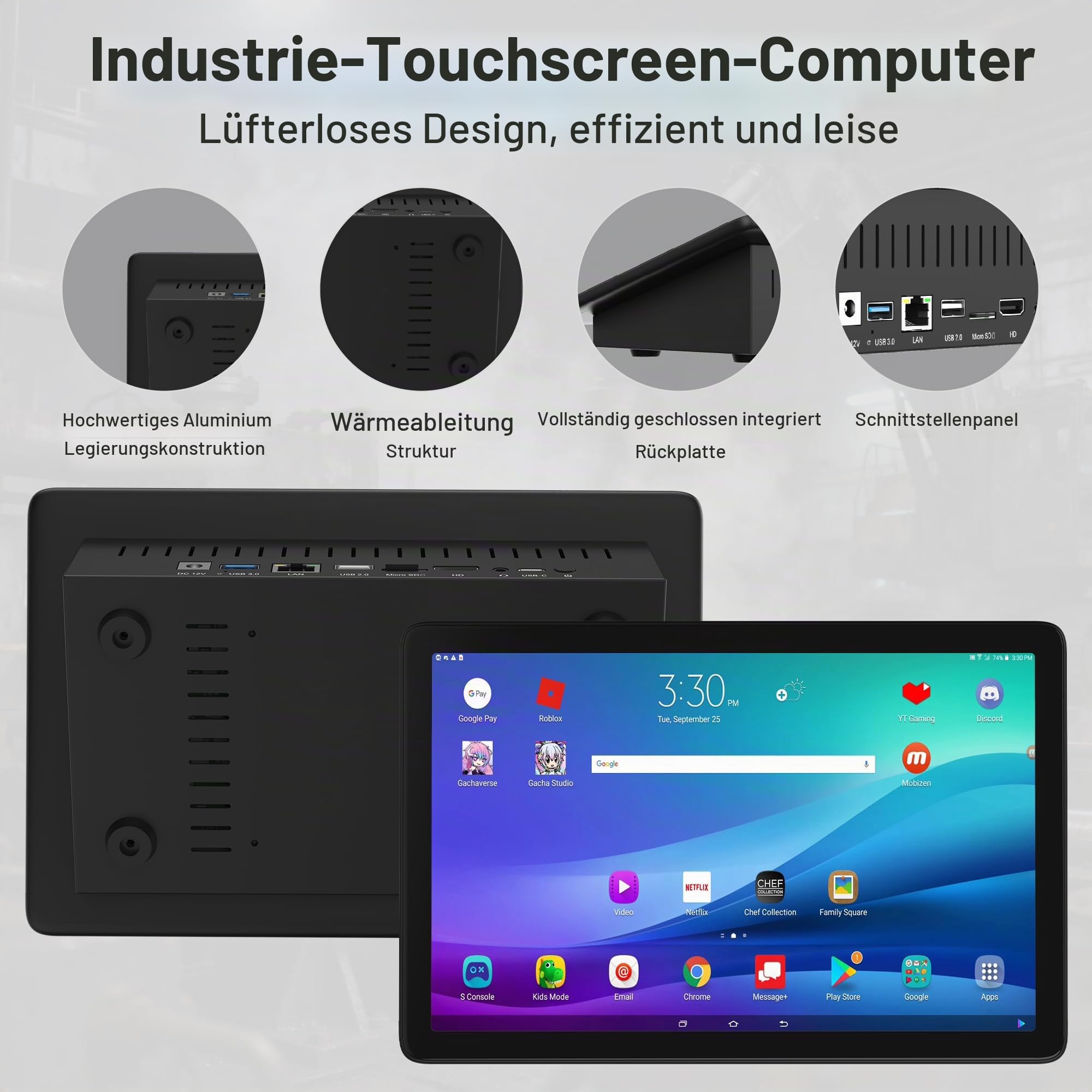 Robuster Industrie MINI PC mit Android 12, RK3399 Hexa-Core, 4GB RAM, 10,1 Zoll Touchscreen, IPS Display, G+G Touch, HDMI 4K, LAN, RS232, für Maschinensteuerung & Digital Signage