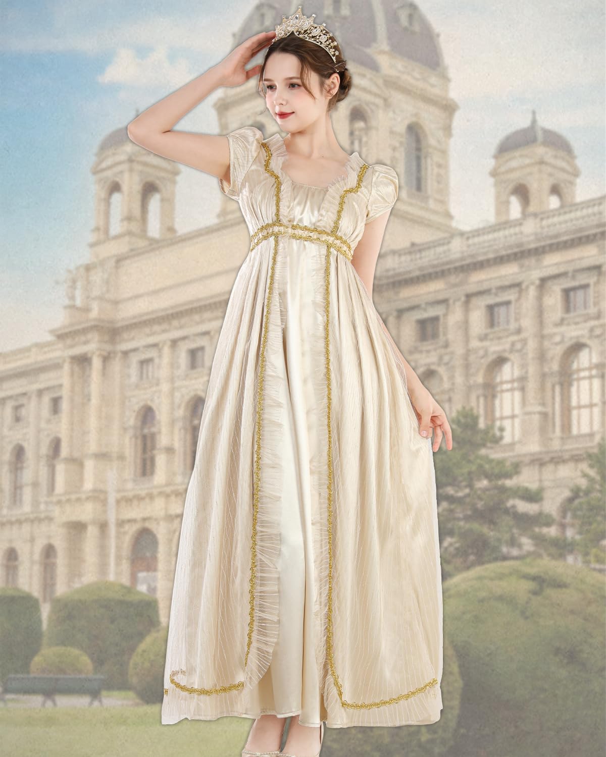 CR ROLECOS Empire - Vestido de mujer dorado con guantes y cinturón, disfraz de Jane Austen, vestido victoriano y rococó (3 piezas)