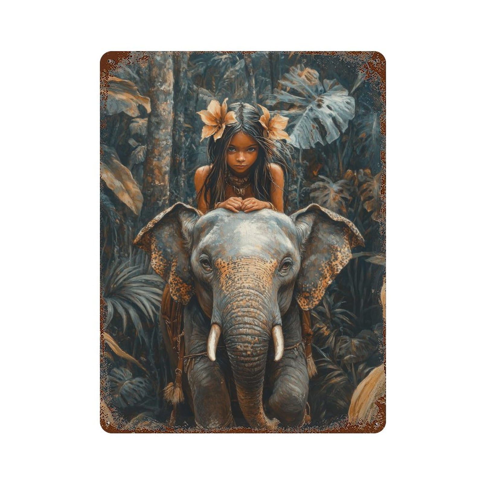 Jungle Girl And Elephant Vintage Wall Sign 15.7"x11.8", Rust Effect Metal Decor for Cafe, Home Bar And Lounge Decor