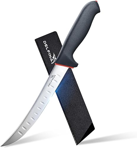 Miniatura 1 de DELFINA Cuchillo curvado de 8 pulgadas con funda y mango SoftGrip, cuchillo para cortar carne, acero japonés de alto carbono (8 pulgadas)