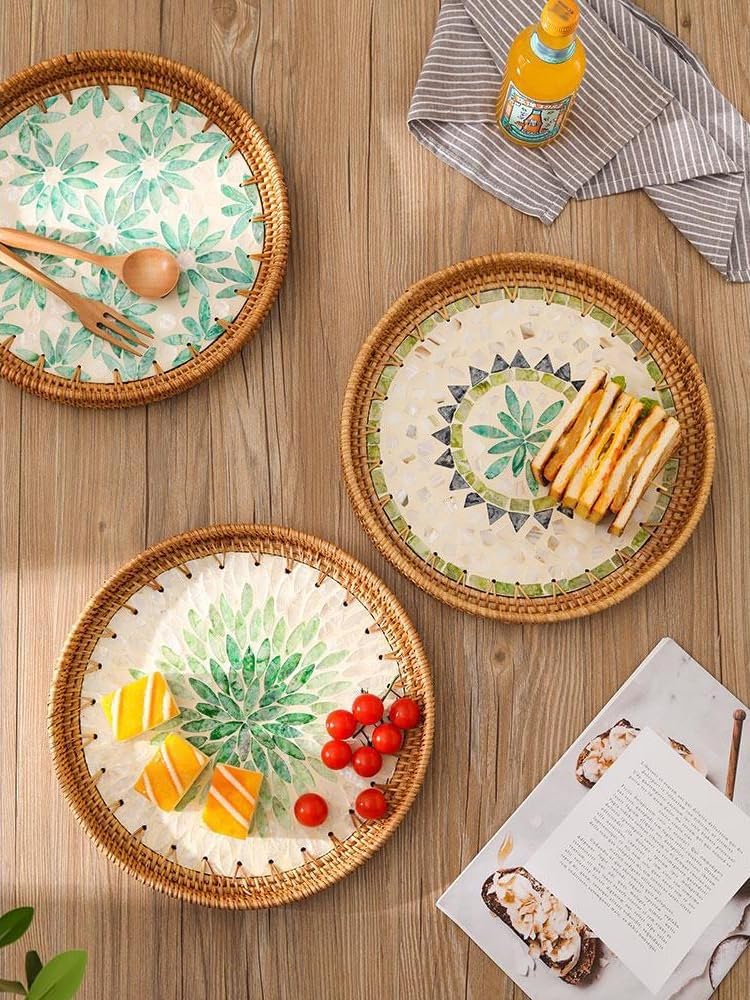 2 Bandejas Redondas De Ratán Con Incrustaciones De Nácar, Bandeja De Ratán For Servir, Cesta De Mimbre Decorativa For Decoración De Mesas, Almacenamiento Y Exhibición De Café, Pan, Alimentos Y Frutas(