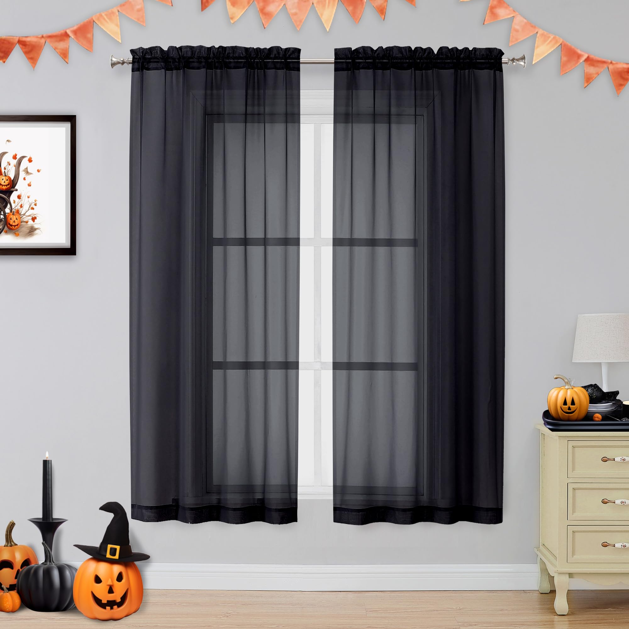 OVZME Voile Sheer Window Privacy Curtains, Rod Pocket Elegant Airy Sheer Curtains Drapes for Living Room/Bedroom, Black, W42 x L63, 2 Panels