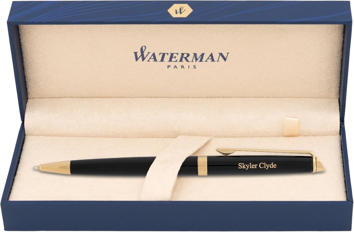 Engraved Waterman Hemisphere Ballpoint Pen in Black Lacquer with Gold Trim. Personalized Executive Gift for Graduation, Professional Milestone, or Office