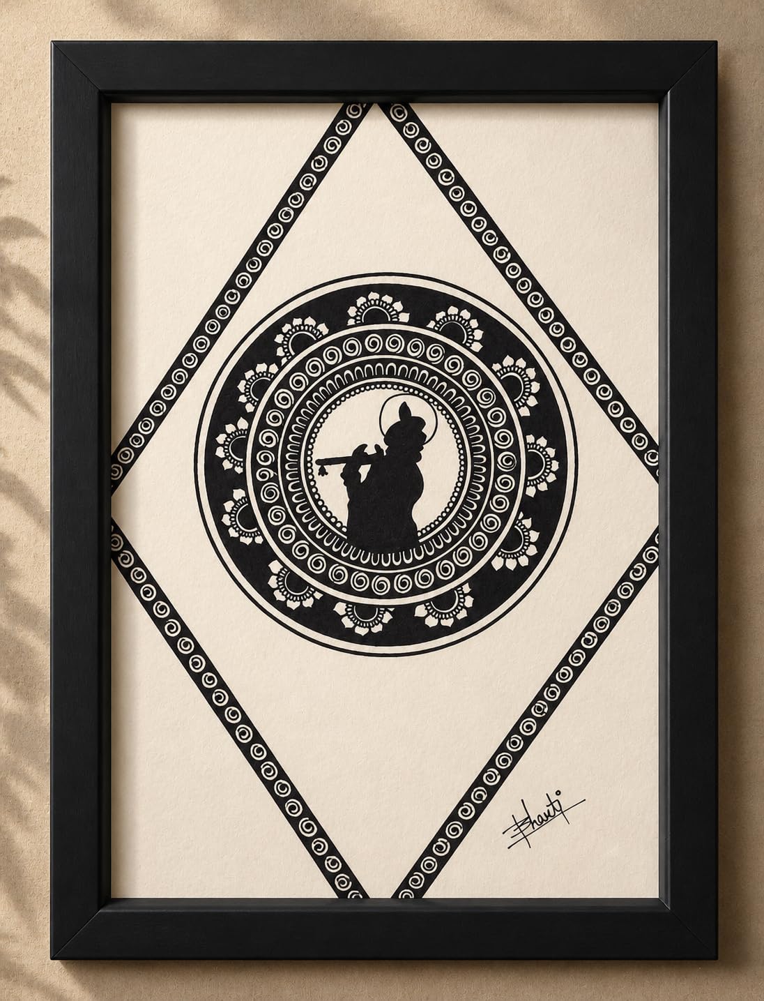 Krishna Wall Decor Framed Art, Black and White Mandala Painting with Flute Silhouette-image-36