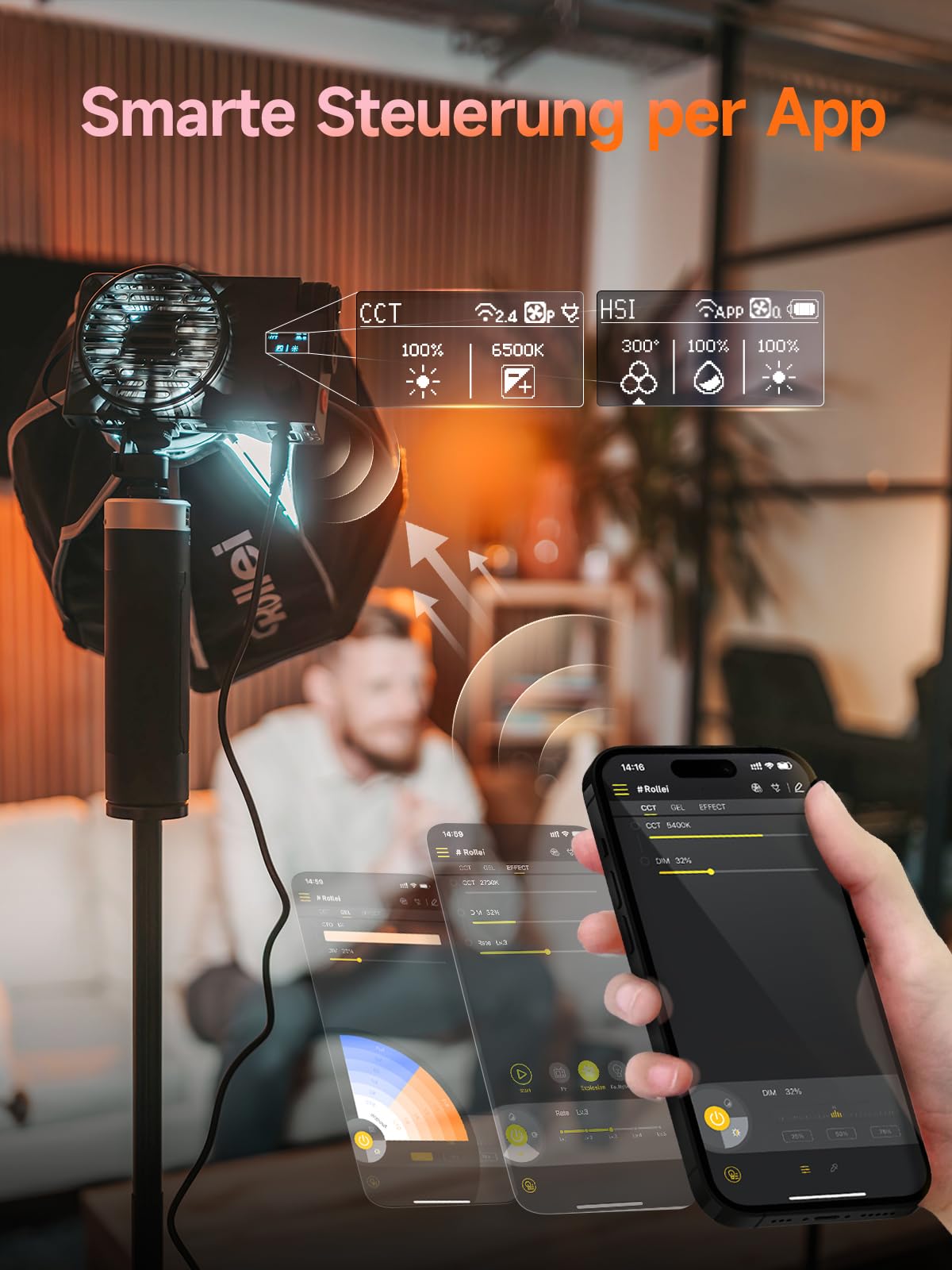 Rollei LUX 100W Bi-Color Professionelles LED-Dauerlicht Fotografie Candela-APP Smarte Bedienung, Fotolicht Ultraflach & Leicht | Duale Stromversorgung | Verstellbare Farbtemperatur 2700 – 6500K